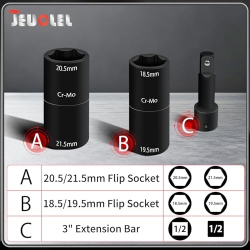 3PCS 1/2" Drive Flip Lug Nut Impact Socket Set, Half Sizes Lug Nut Socket Kit