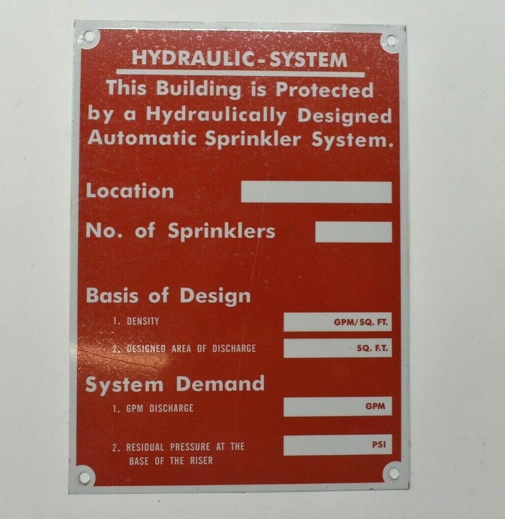 Hydraulic System 5" x 7" Metal Sign Red Building Protected Sprinkler System Sign