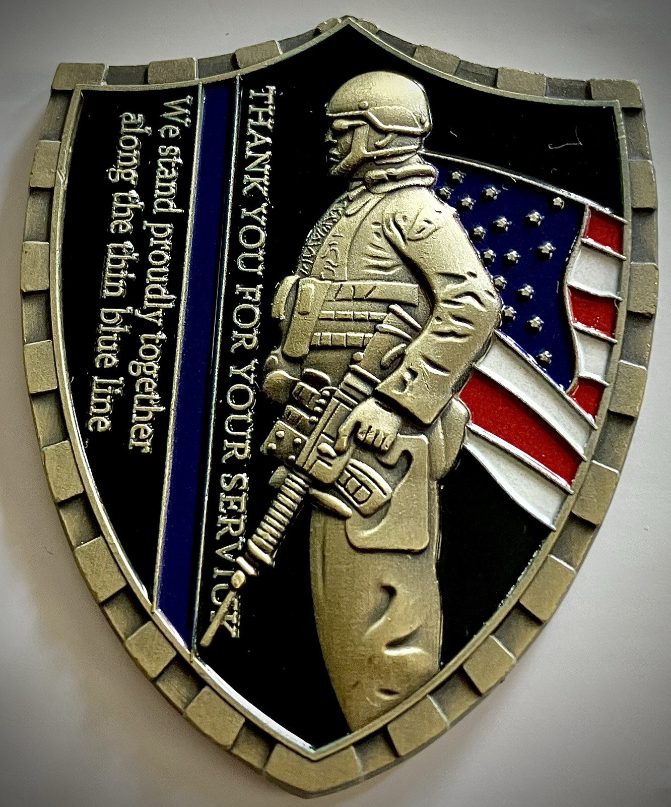 Police Sheild Challenge Coin-Brass Colored-3D-Thin Blue Line-Armour