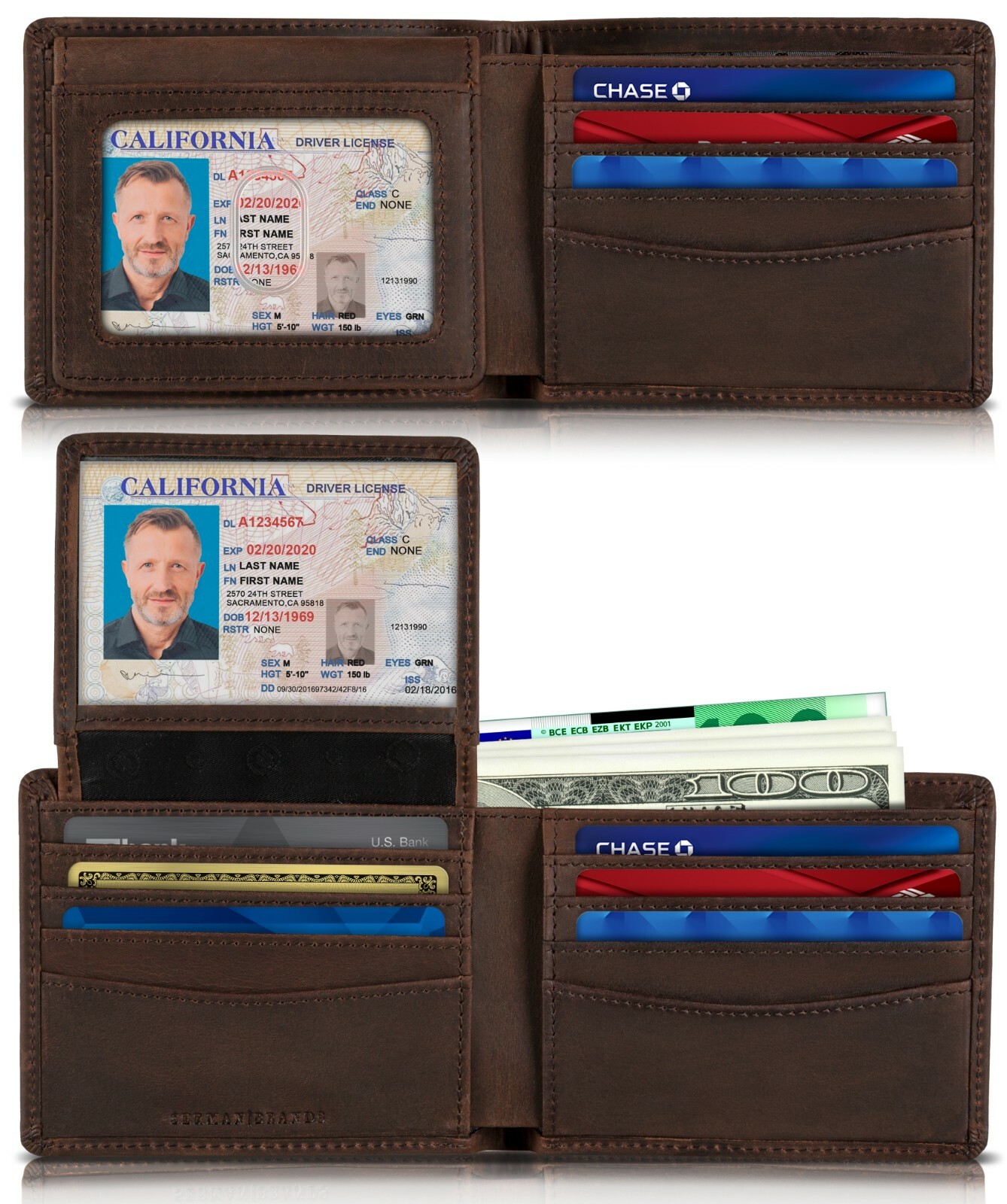 SERMAN BRANDS 2 ID Window Wallet for Men RFID Blocking Leather, Bifold Top Flip