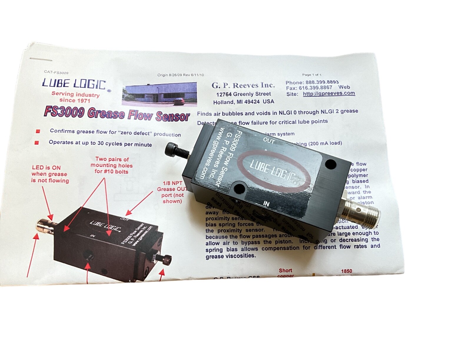 FLOW SENSOR: FS3009 | 1,000 PSI, 10-30 VDC PNP | GP REEVES