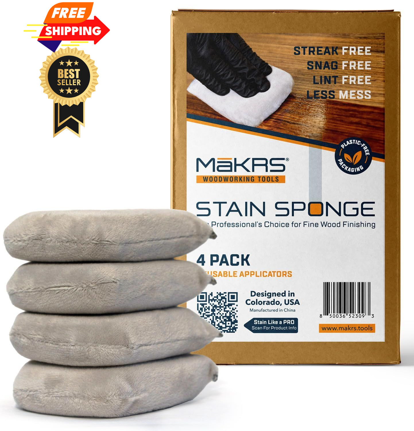 MāKRS Stain Sponge, 4-Pack Staining Pads, Lint, Snag Pack of 4, Light Grey