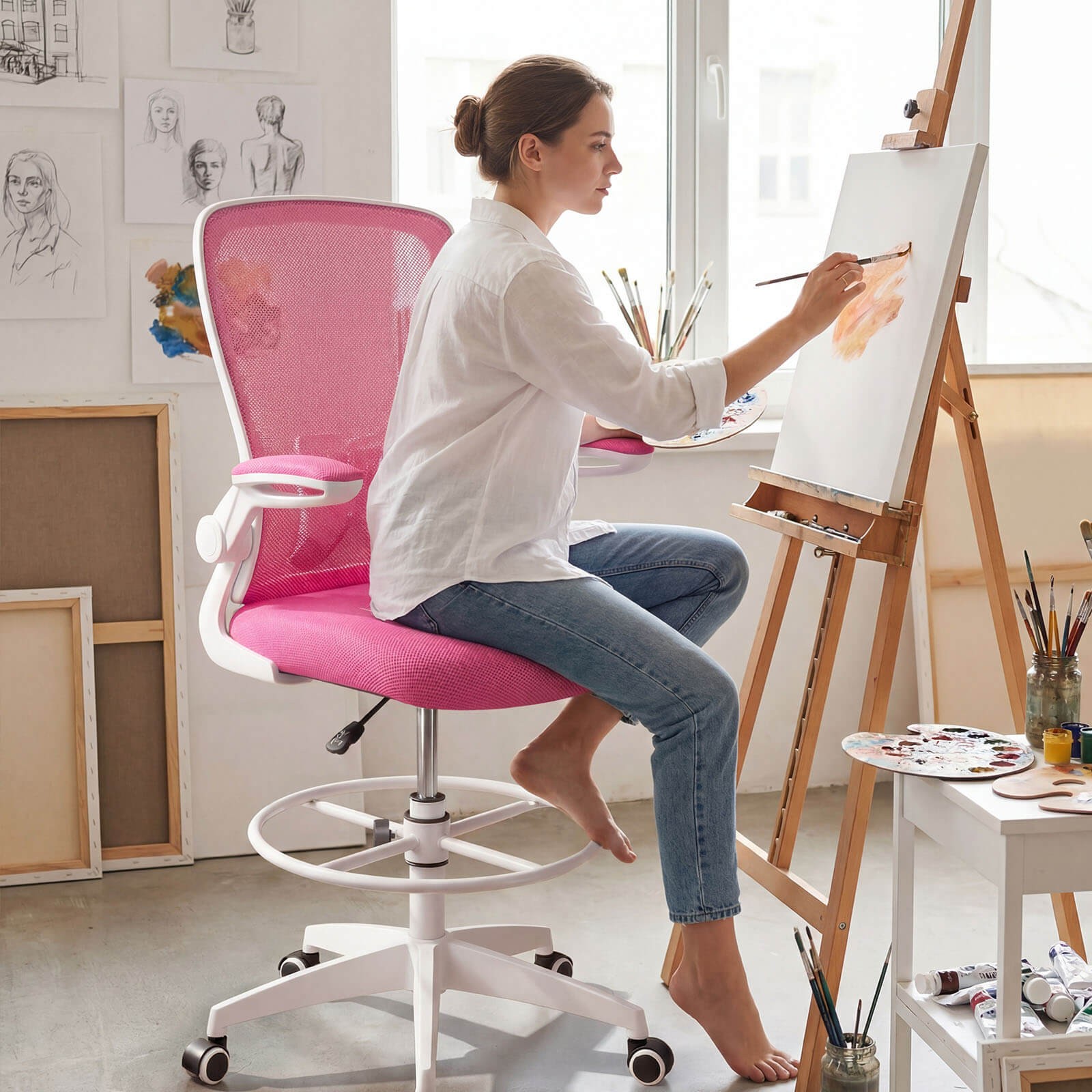 2PCS Home Office Drafting Chair w/Flip-Up Armrests Adjustable Footrest Ring