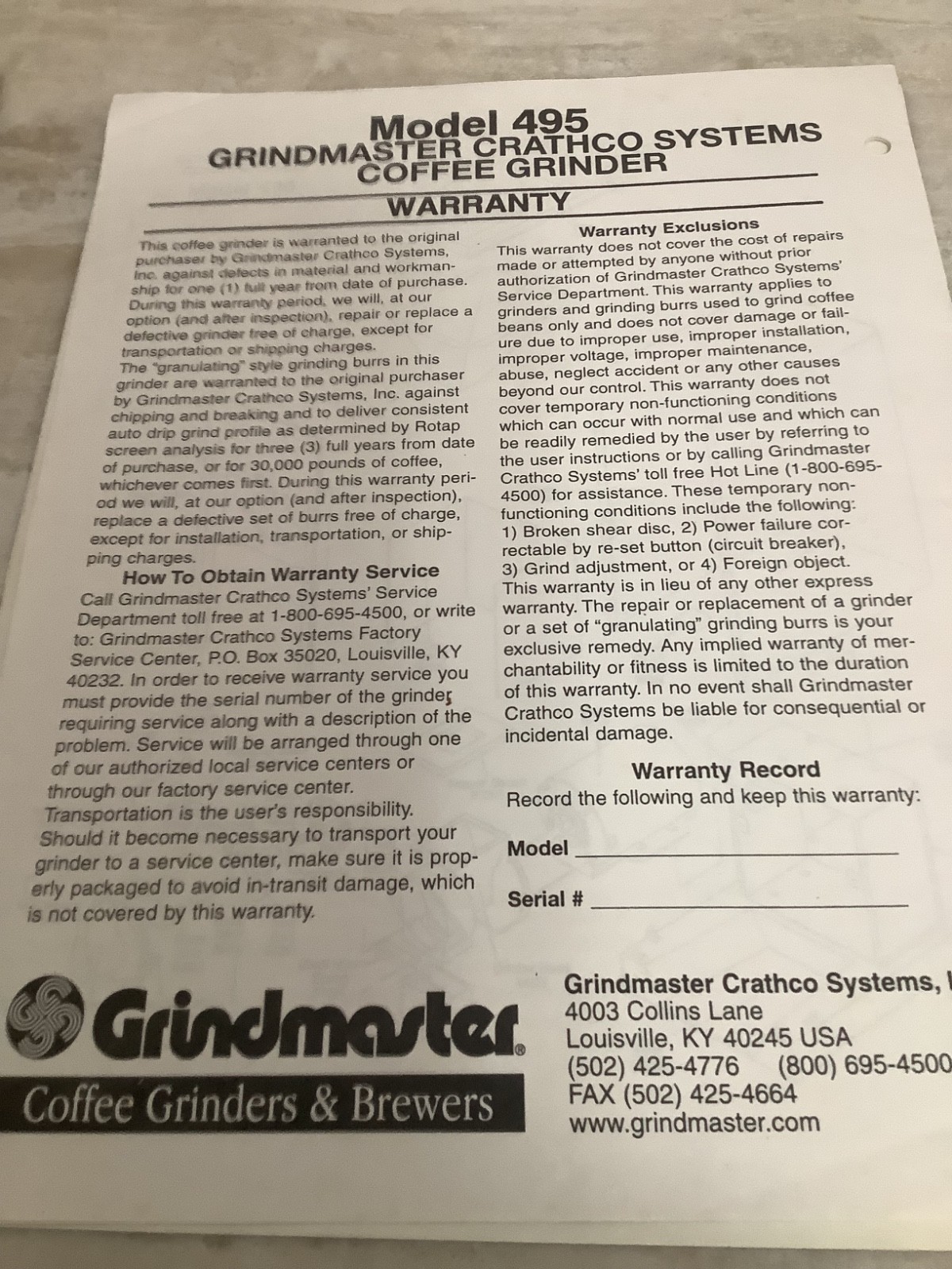 GrindMaster Model 495 Commercial Coffee Grinder. “Big Red”