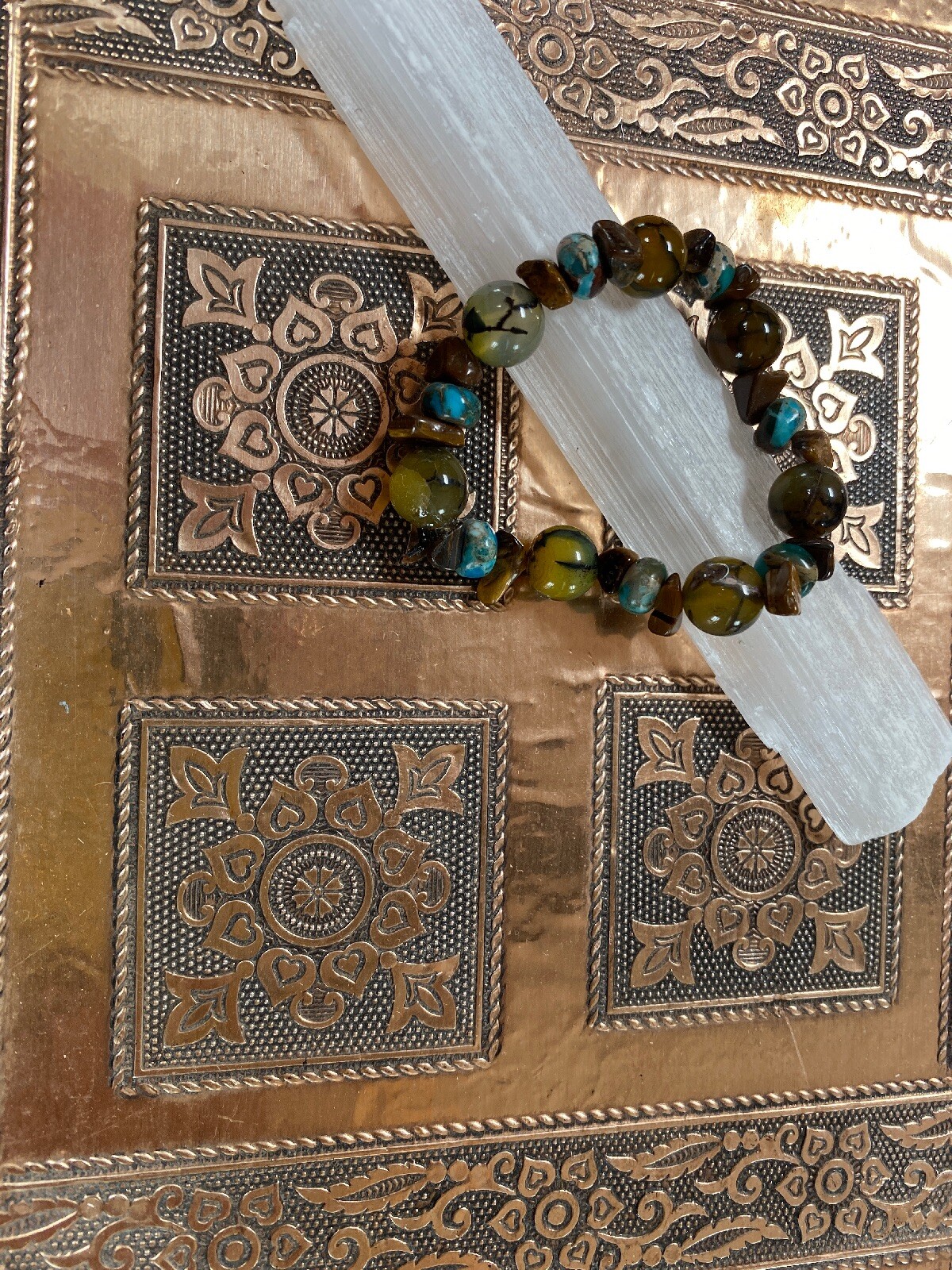Dragon Agate, Serpentine Jasper ,& Tiger eye life control Stretch Bracelet 7 in