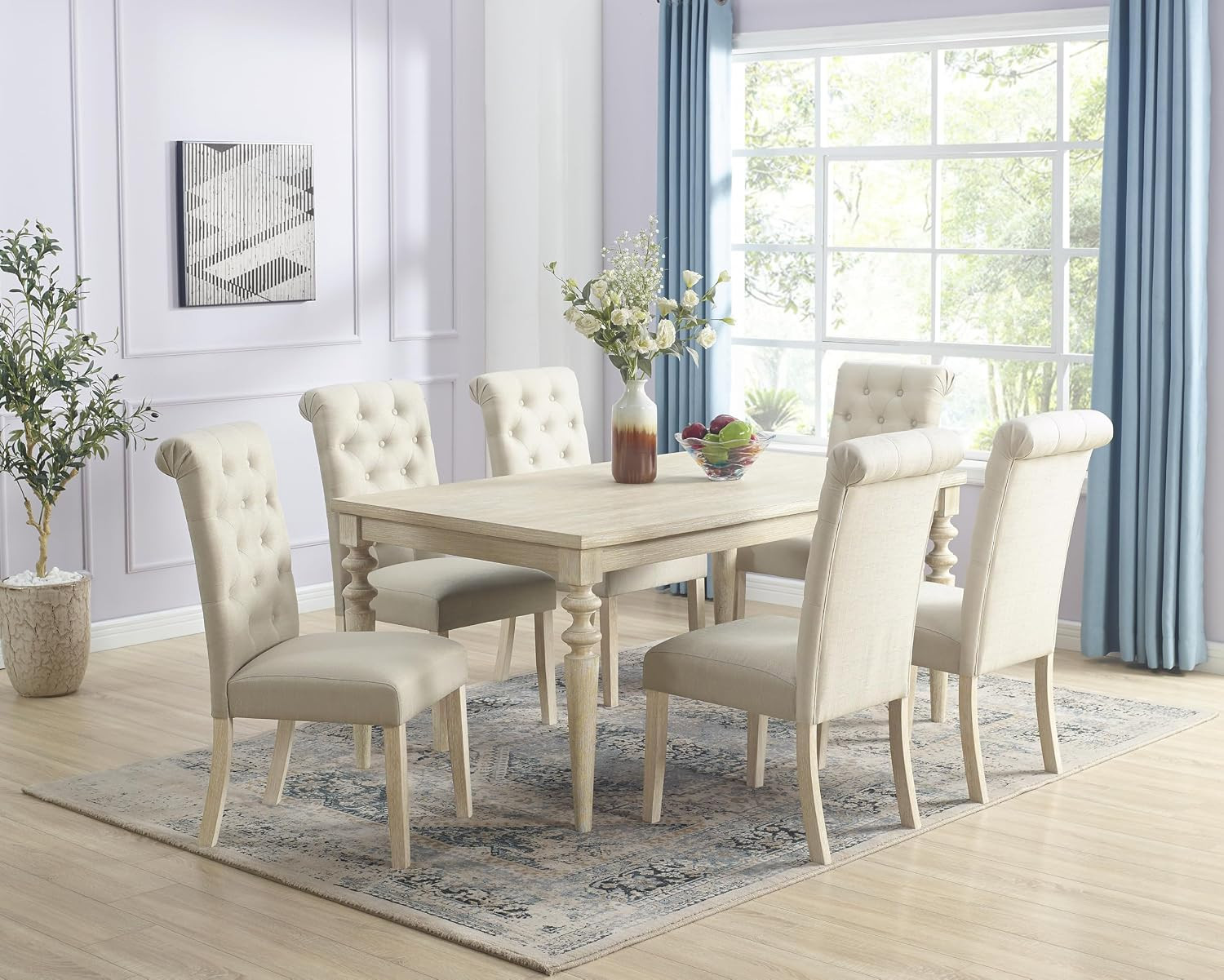 Amonia 7-Piece Dining Set, Turned-Leg Dining Table with 6 Tufted Chairs, Tan