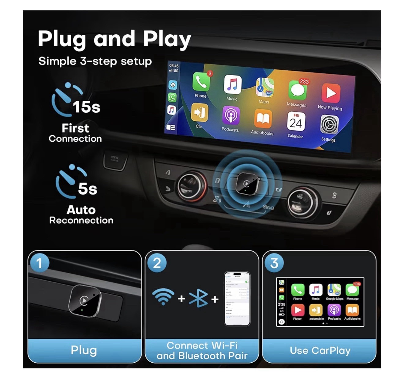 Wireless CarPlay Adapter 2026 Upgrade Wired to Wireless, Mini black