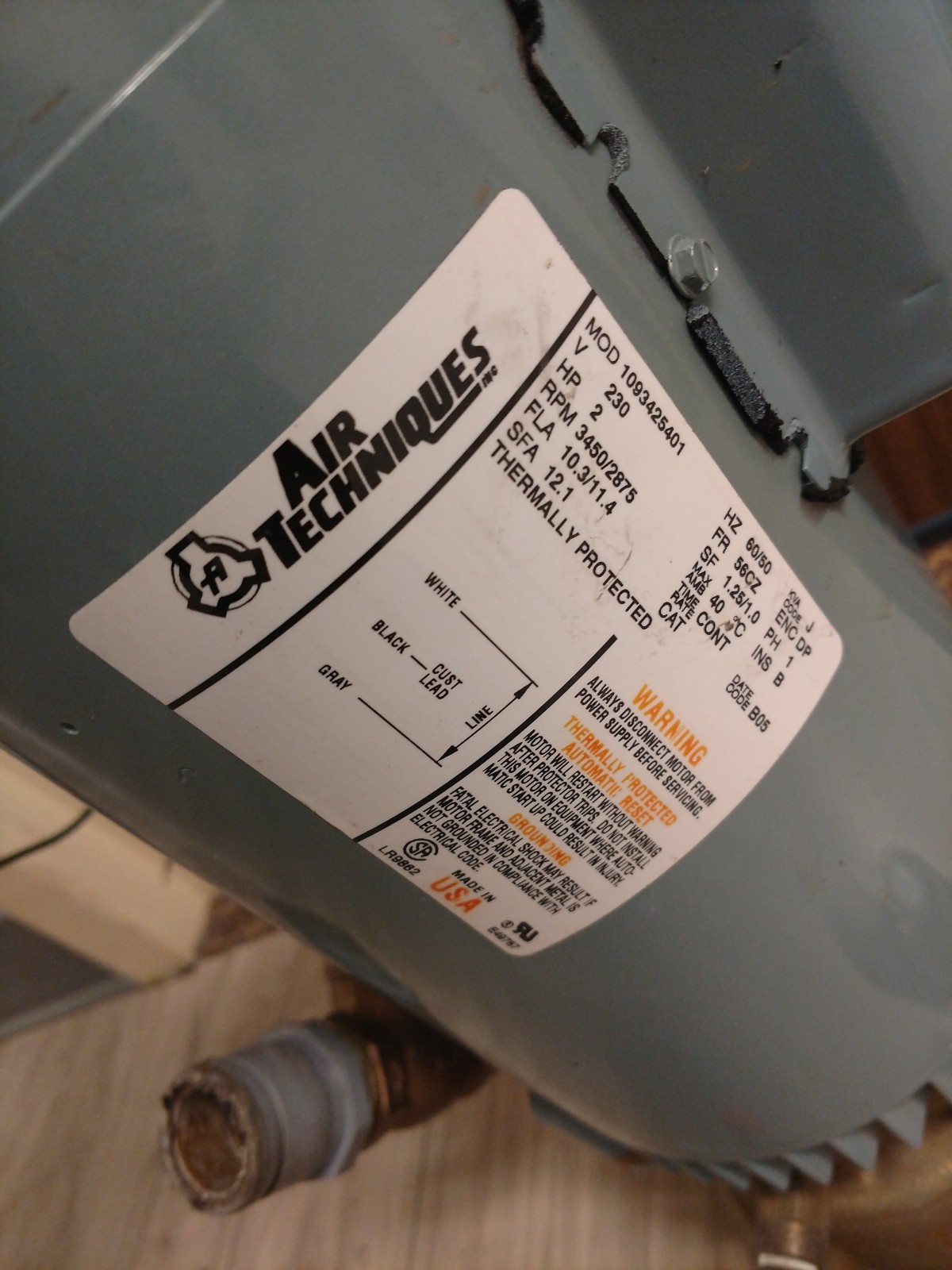 Air Techniques 2 HP Vacuum Motor (Model: 1093425401)