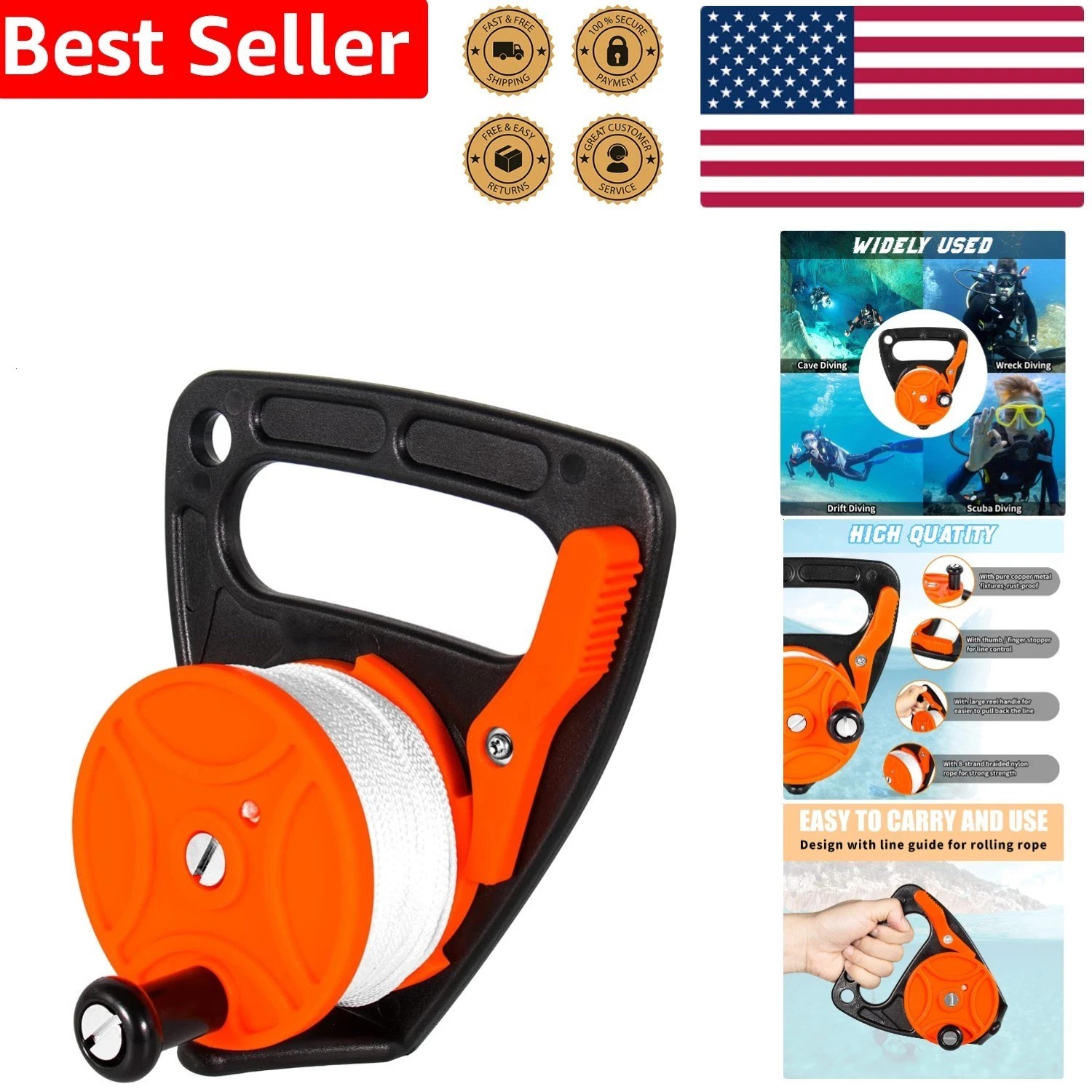 Professional Scuba Dive Reel 150ft Kayak Anchor Orange-Red Safety Control