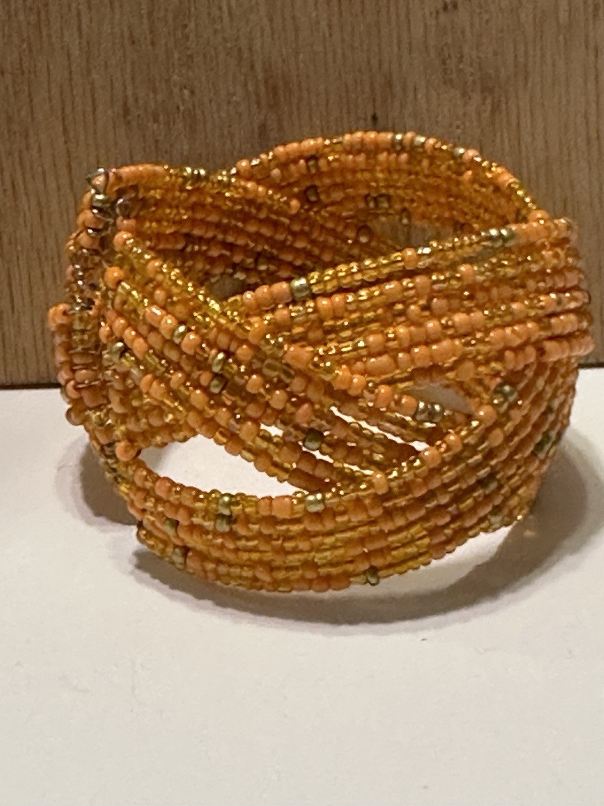 Beaded Braided Orange Gold ￼ memory wire Cuff Statement bracelet
