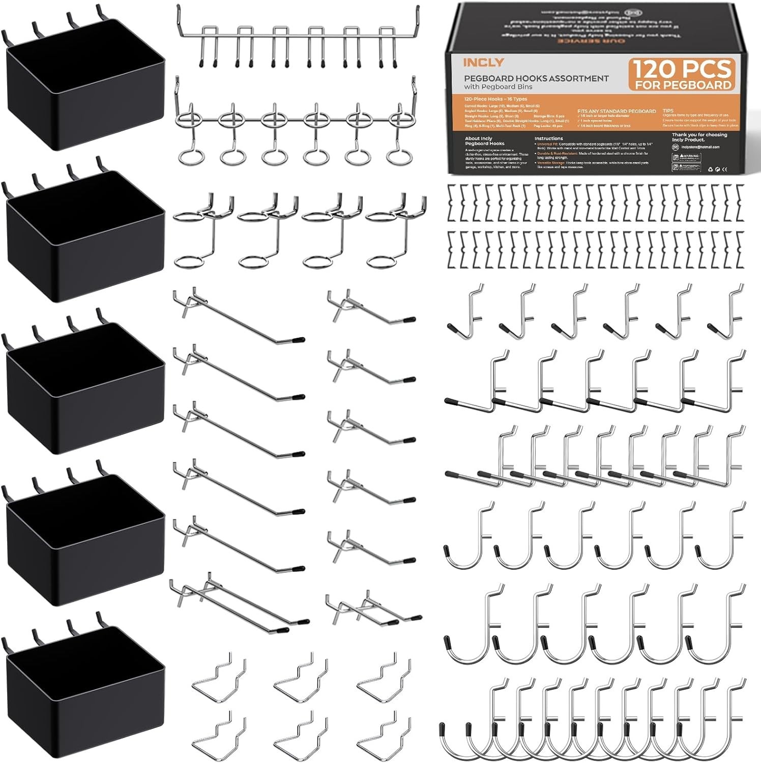 120pc Pegboard Accessories Kit Tool Organizer Hooks & Bins Garage Storage Set