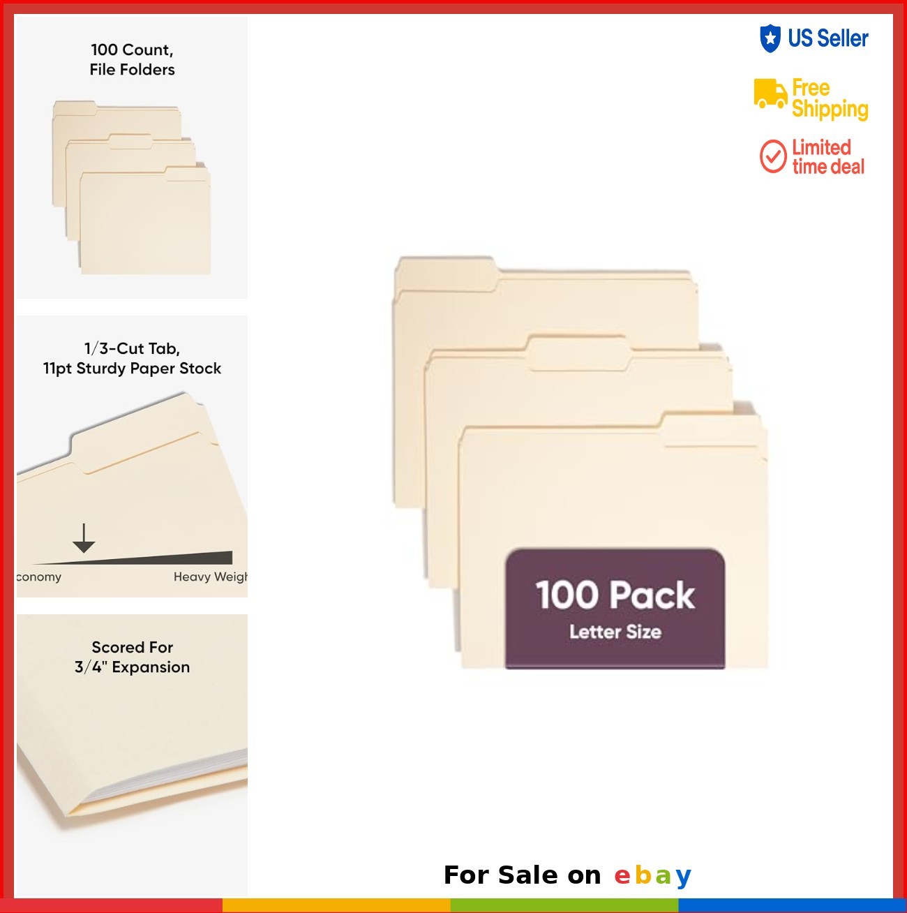 Manila File Folders Letter Size 1/3 Cut Tab Assorted Positions 100 Per Box