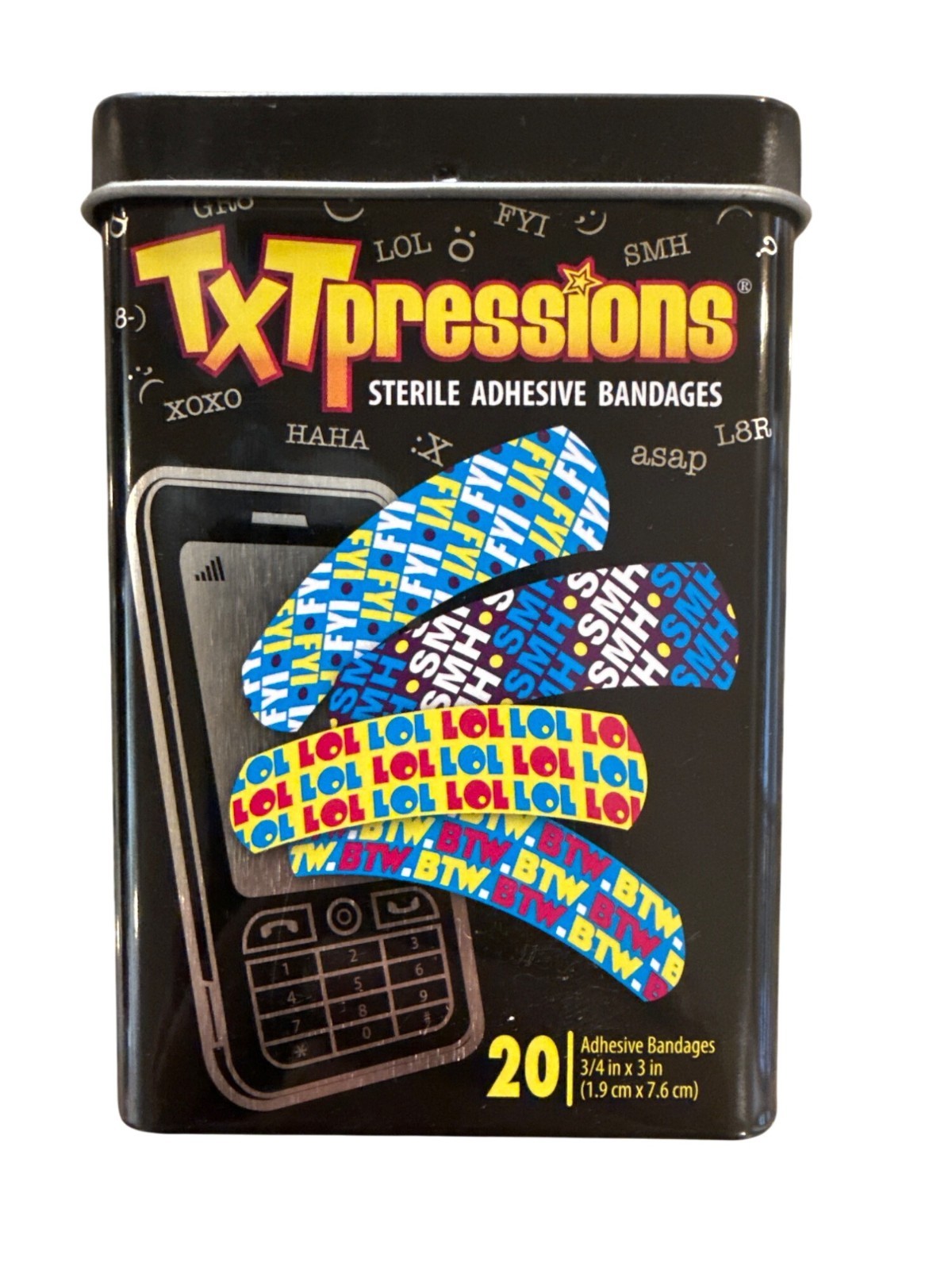 TXTPRESSIONS Adhesive Bandages Cuts, Scrapes & Burns 20ct Tin Container NEW! 1b