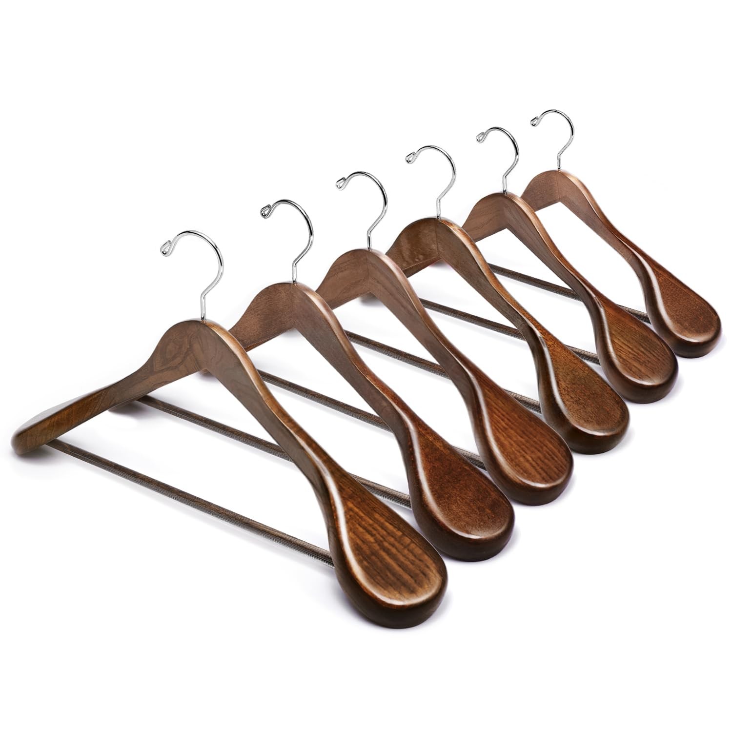 6 Pack Walnut Wide Shoulder Wooden Suit Hangers, Wood Coat Hangers with Non S...