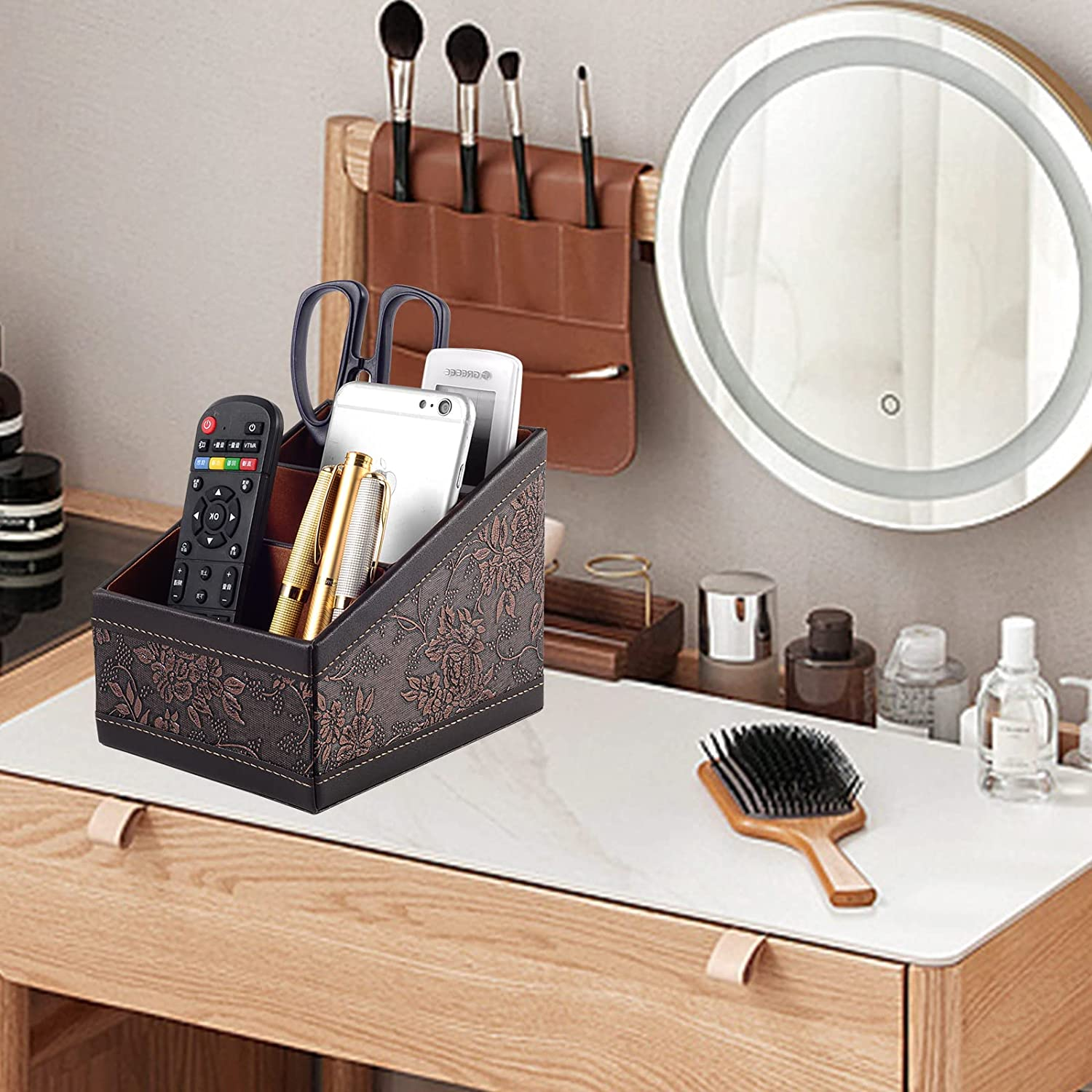 Leather Table Caddy TV Remote Control Organizer Storage Holder Tissue Box Stand
