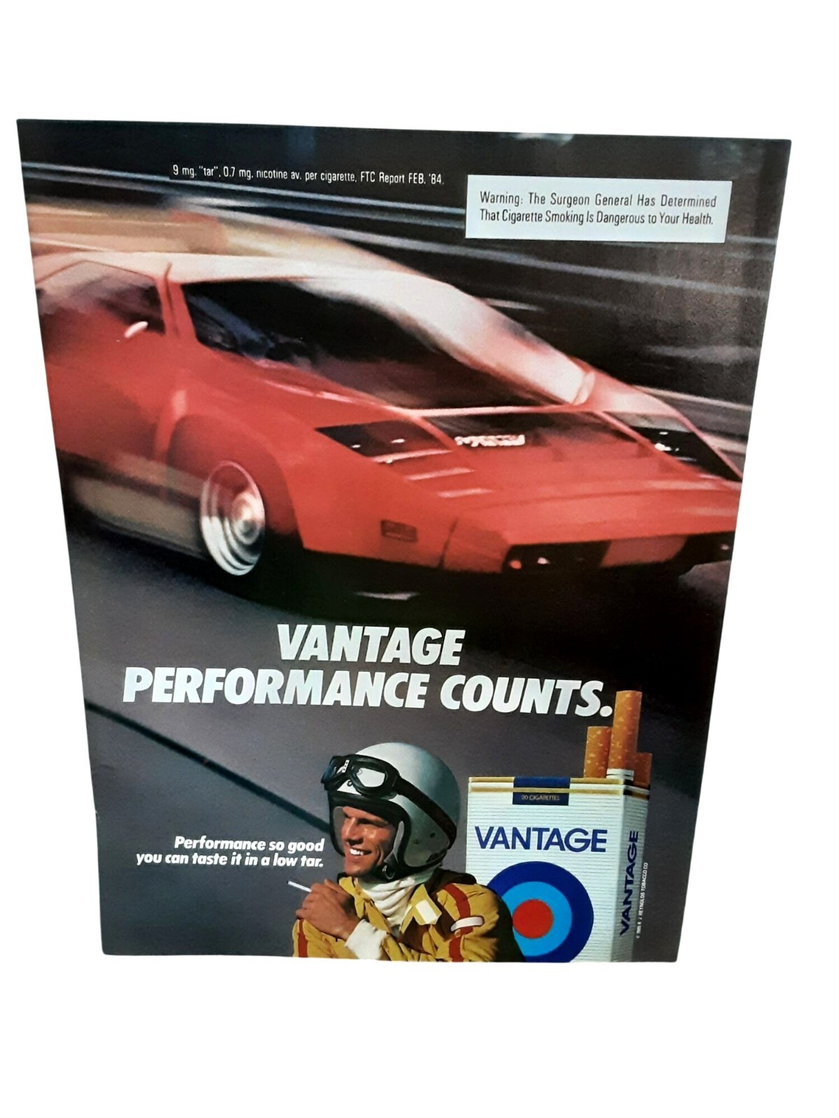 1985 Vantage Cigarettes Ad - Race Car Driver Performance Counts Vintage Print