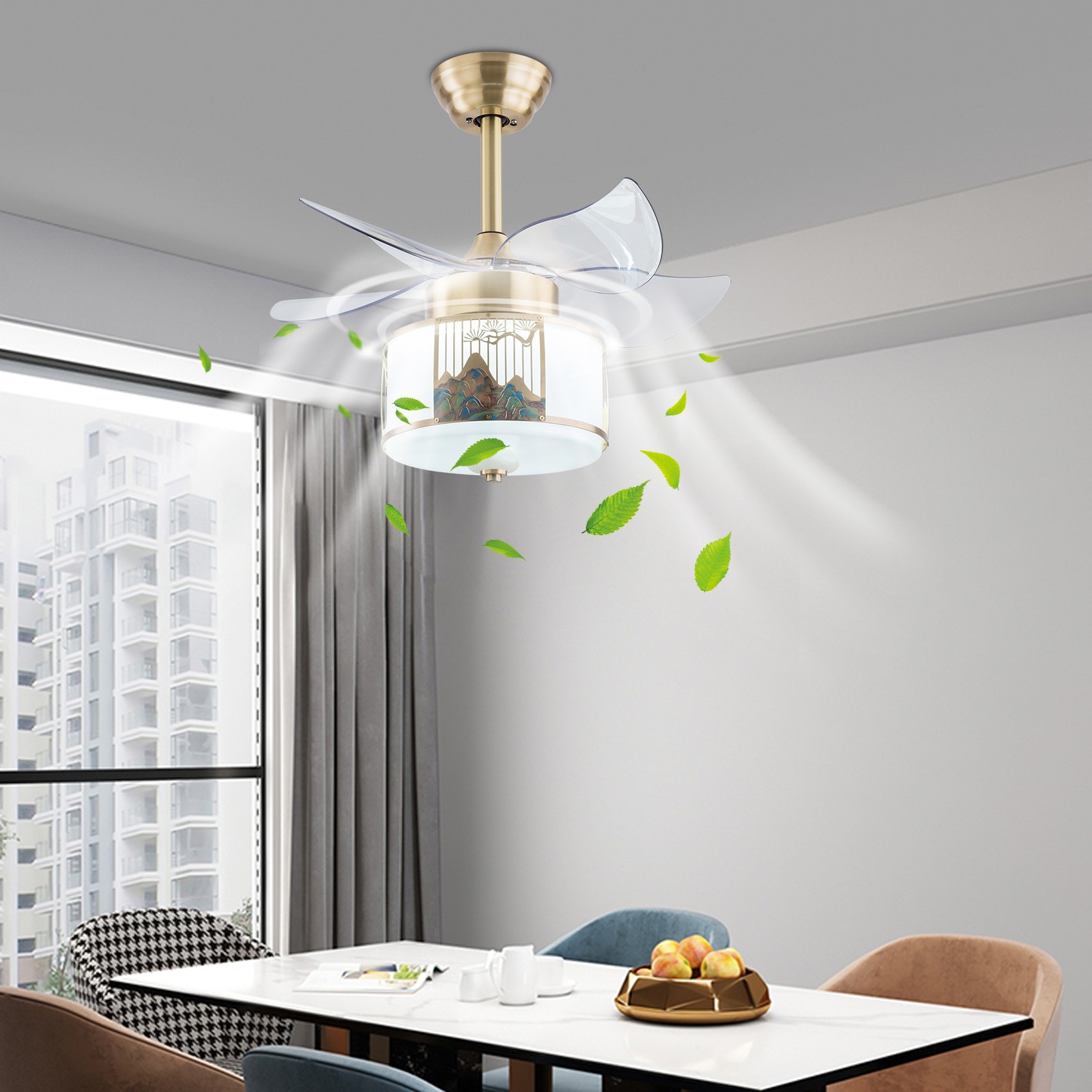 Modern Chandelier Ceiling Fan Light LED Hanging Light Fixture with Remote