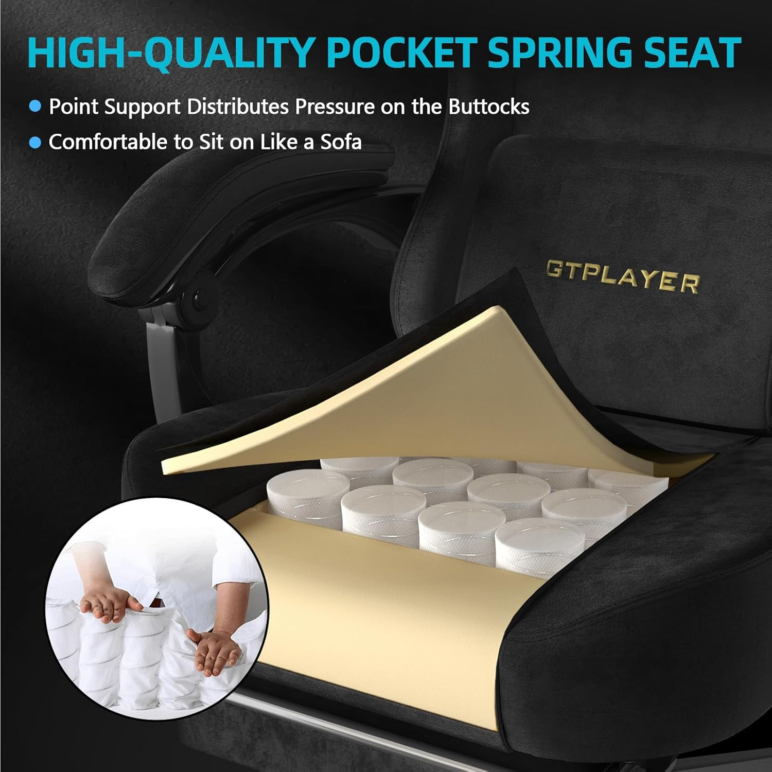 GTPLAYER Gaming Chair Fabric with Pocket Spring Cushion, Big and Tall Gamings Ch