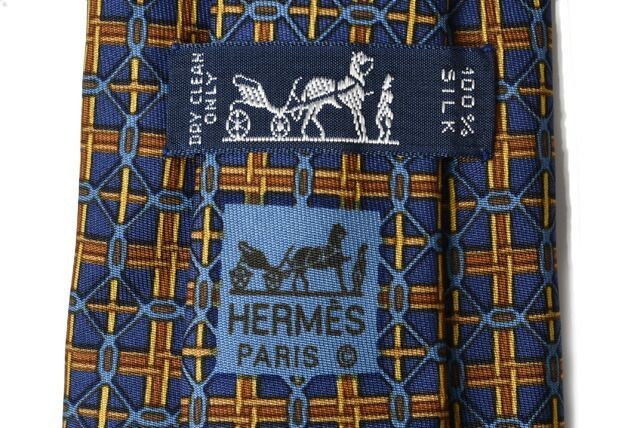 HERMES Tie 100 Silk Navy Yellow