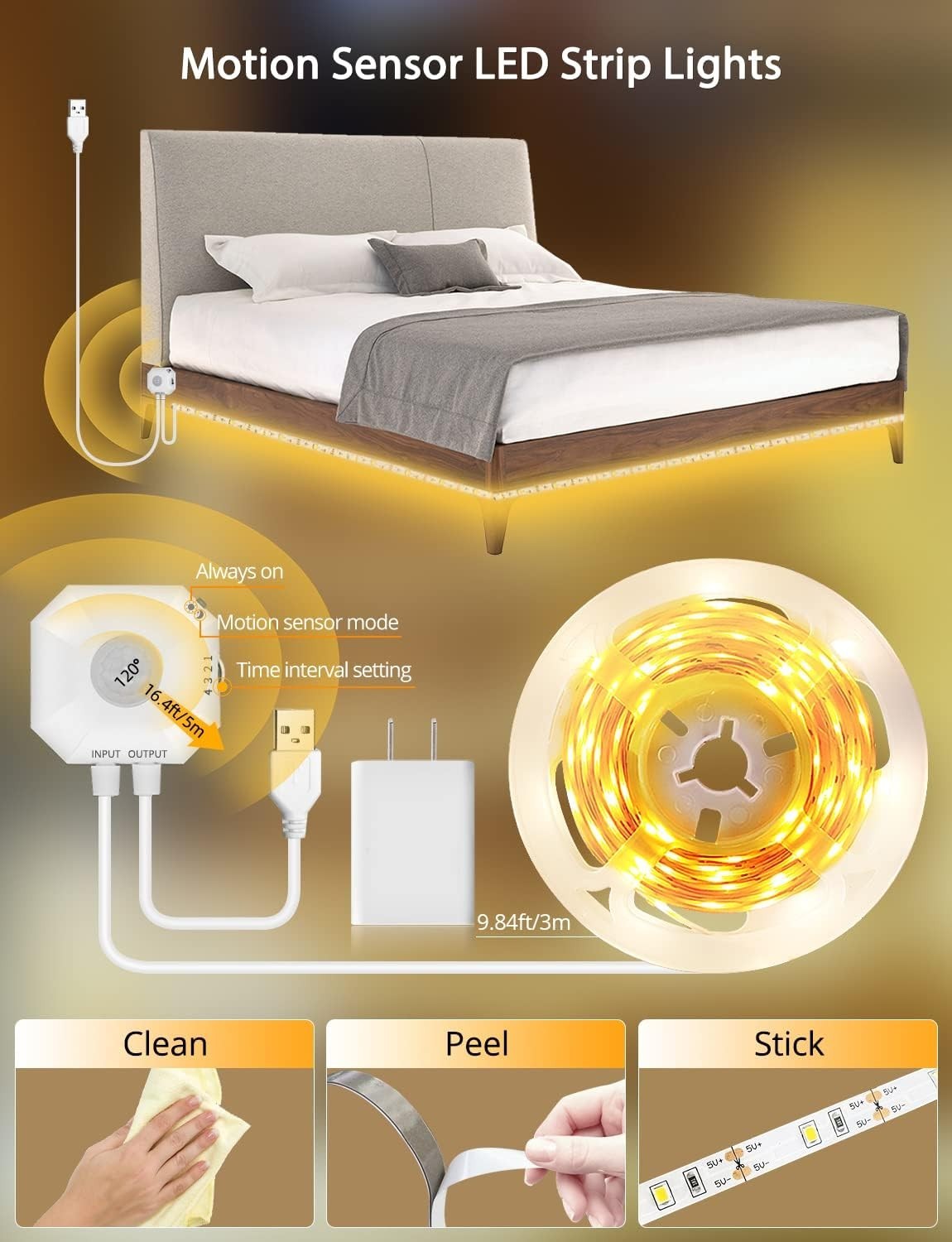 Motion Sensor Light Indoor Under Bed Lights Under Cabinet Lights, Motion Activat
