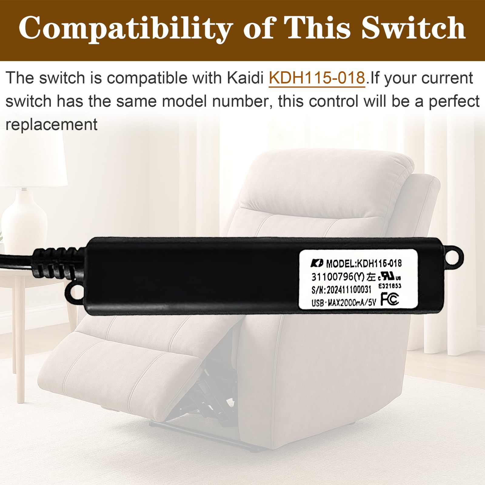 Power Recliner Switch 4 Button 5 Pin Remote KDH115018 USB Hand Control