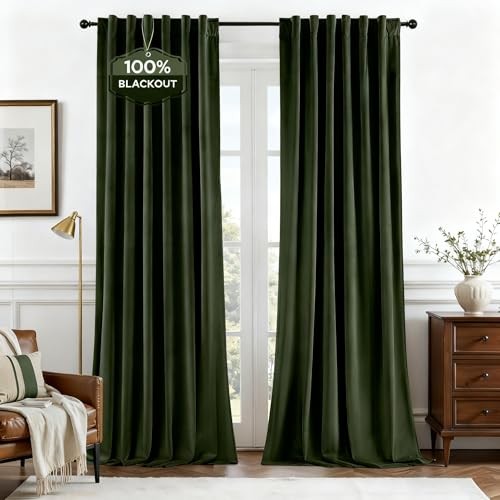 100% Blackout Velvet Curtains, Thermal 52"W x 84"L (Pack of 2) Olive Green