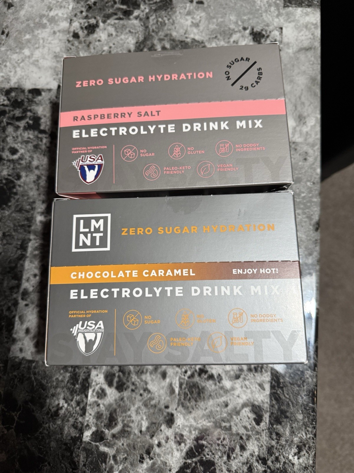 LMNT Zero Sugar Electrolyte Drink Mix Raspberry Salt & Chocolate Caramel