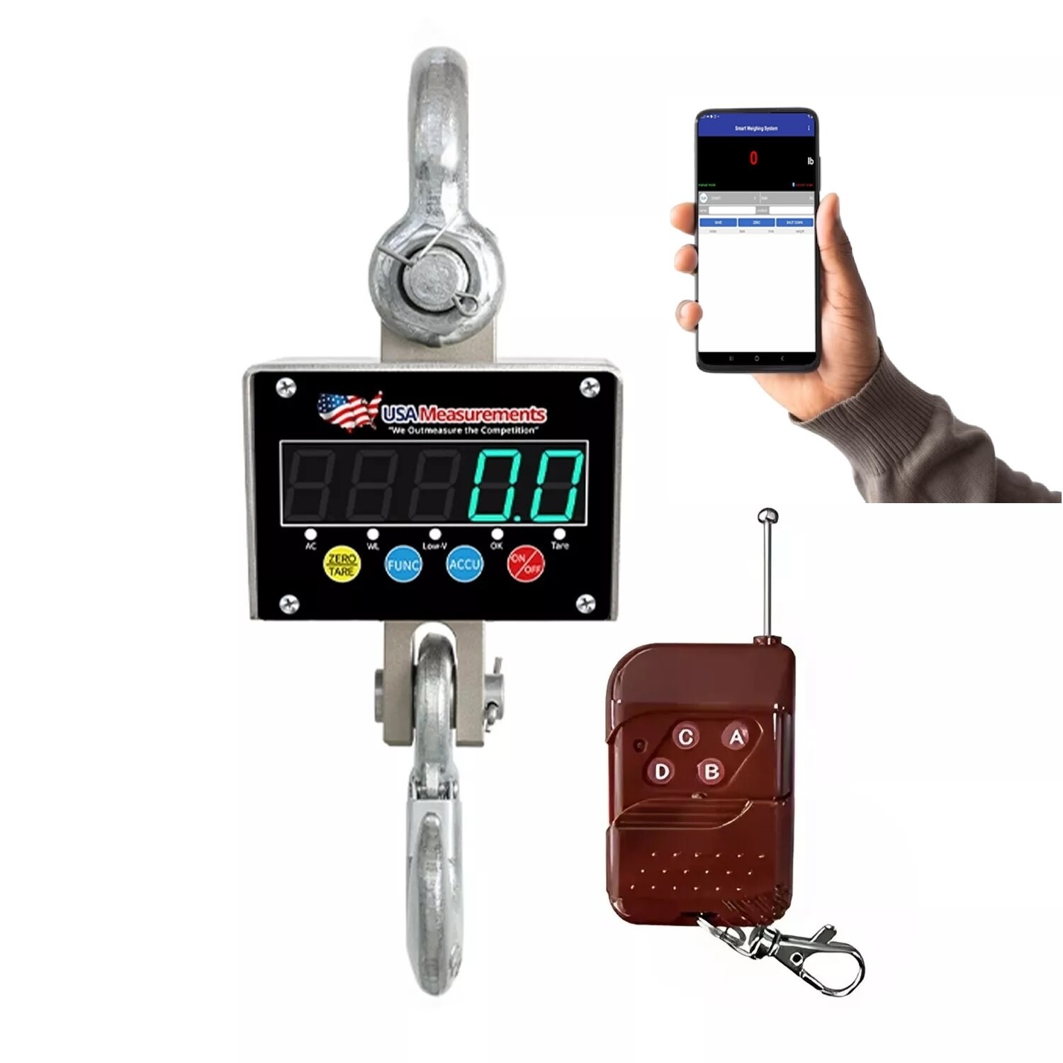 Outdoor Safe Stainless Steel 2,000 lb Crane Scale LED with Android App