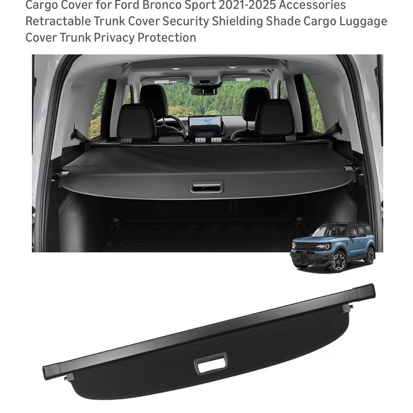 Cargo Cover Ford Bronco Sport 2021-2025 Retractable Trunk Security Shade Black