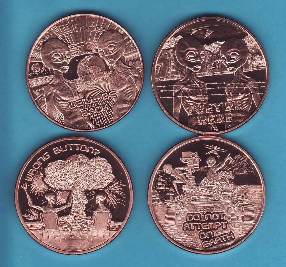 ALIENS 4 Coin Set  1 oz. Copper Rounds THEY'RE HERE We'll Be Back WRONG BUTTON++