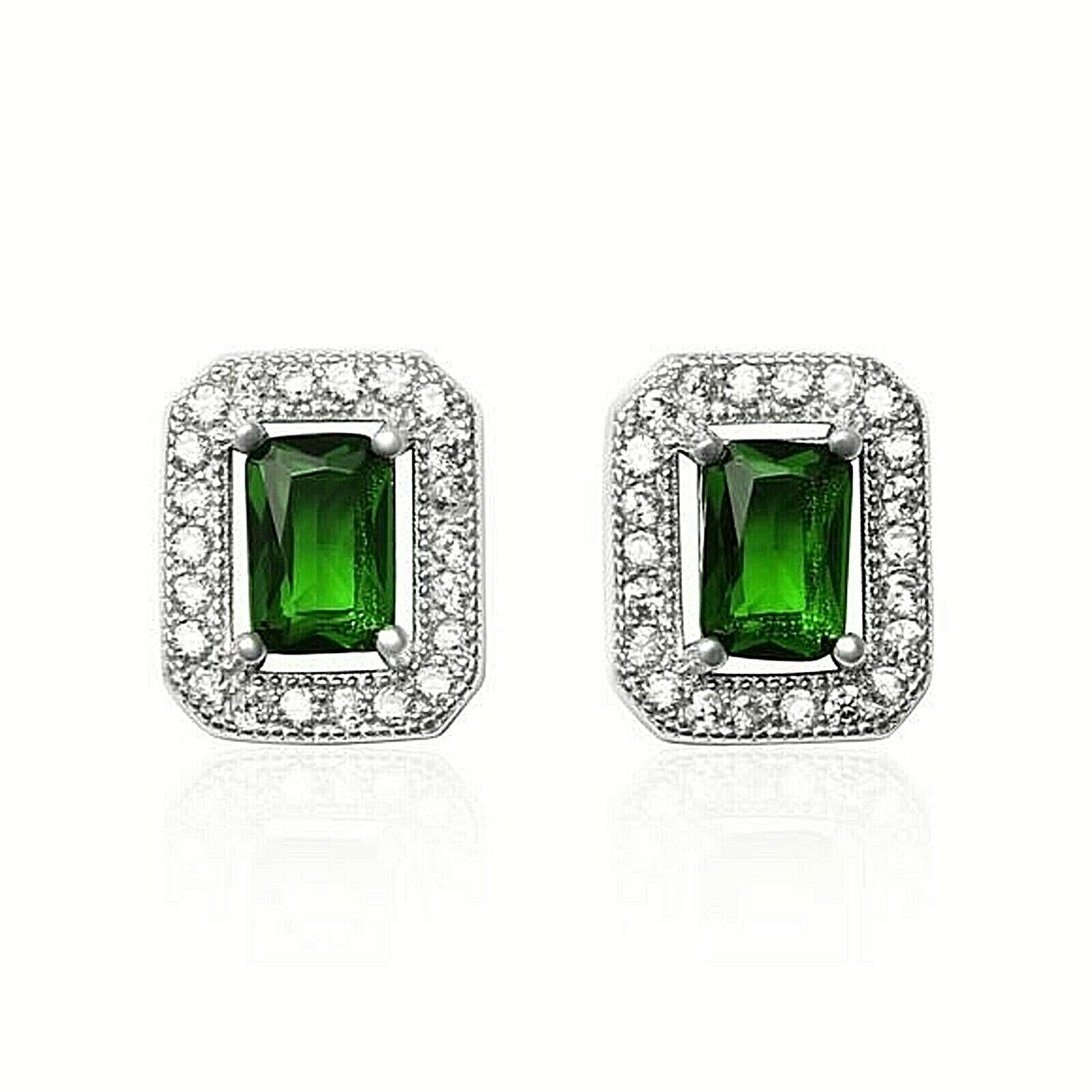 1.75 ct. Genuine Emerald Princess Halo Stud Earrings in Sterling Silver