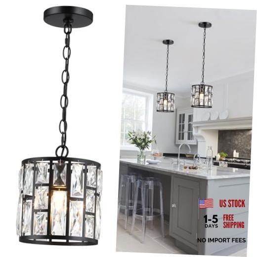 Modern Crystal Pendant Light,Black Chandelier Light Fixture, Black-Dia. 8.5"