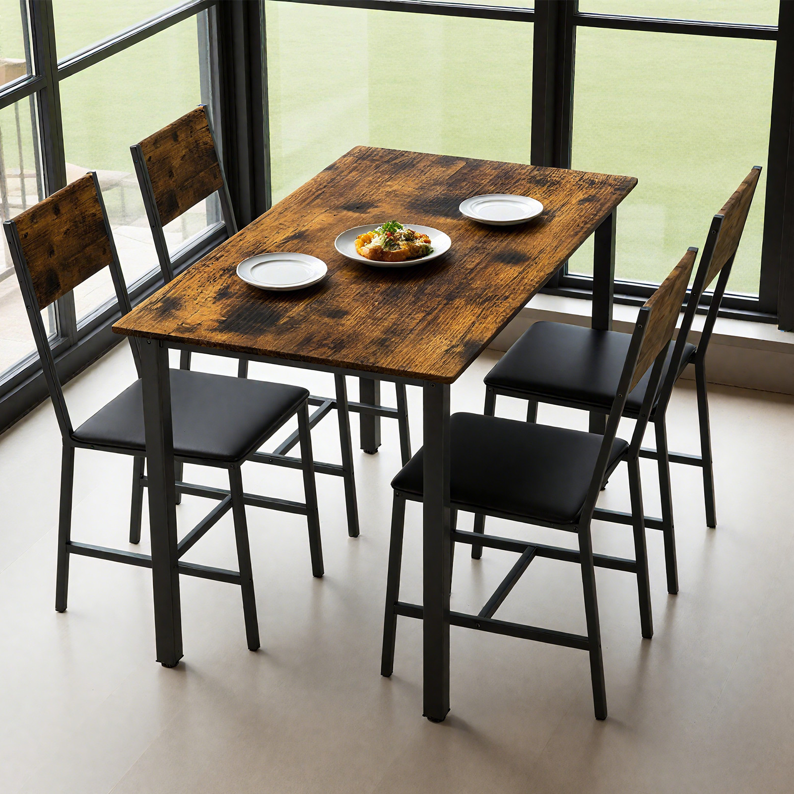 5 Piece Metal and Wood Indoor Modern Dinning Table Furniture Set for 4, Dining
