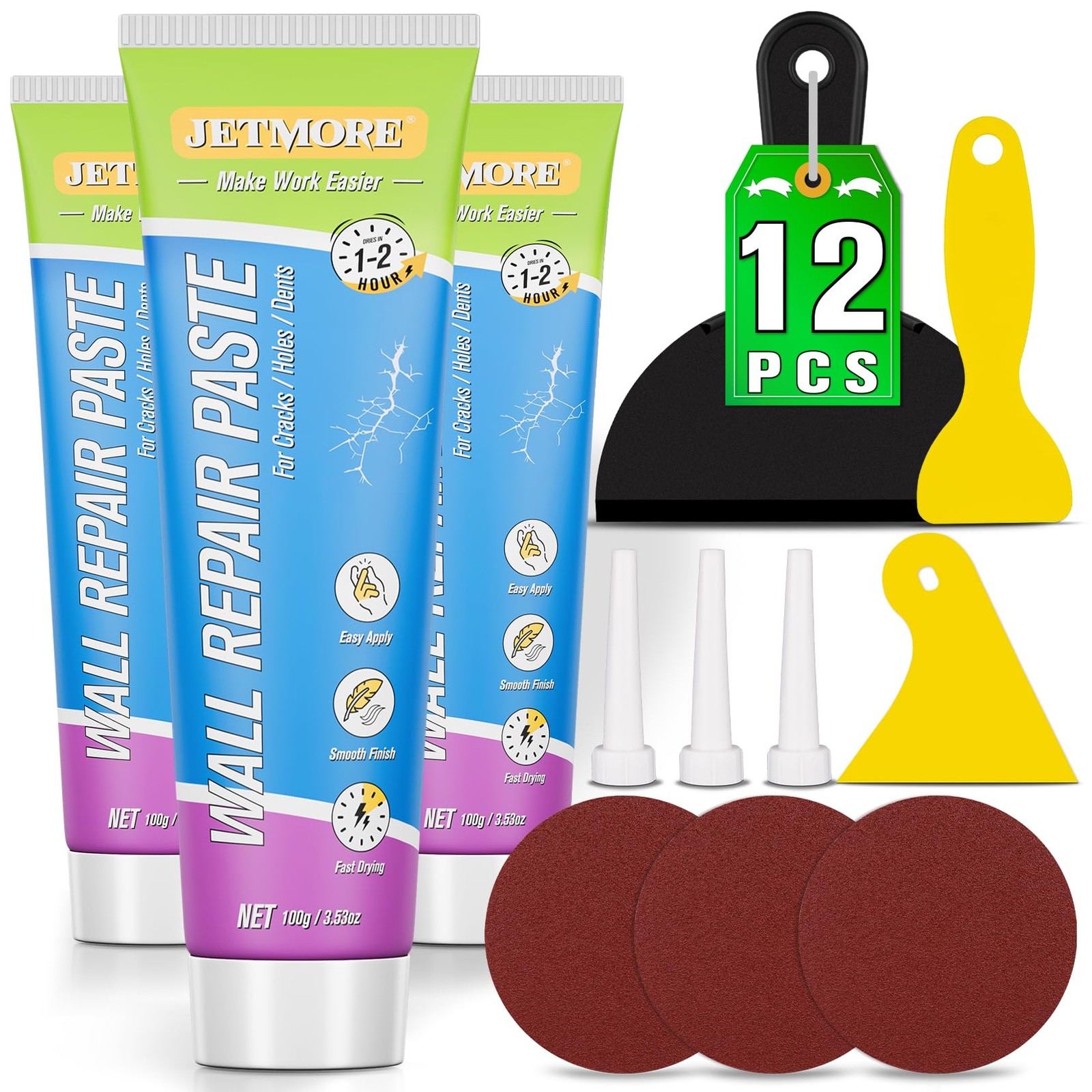 Jetmore 12 Pcs Drywall Repair Kit, 3 × 3.5 oz (100g Each) Spackle, Wall White