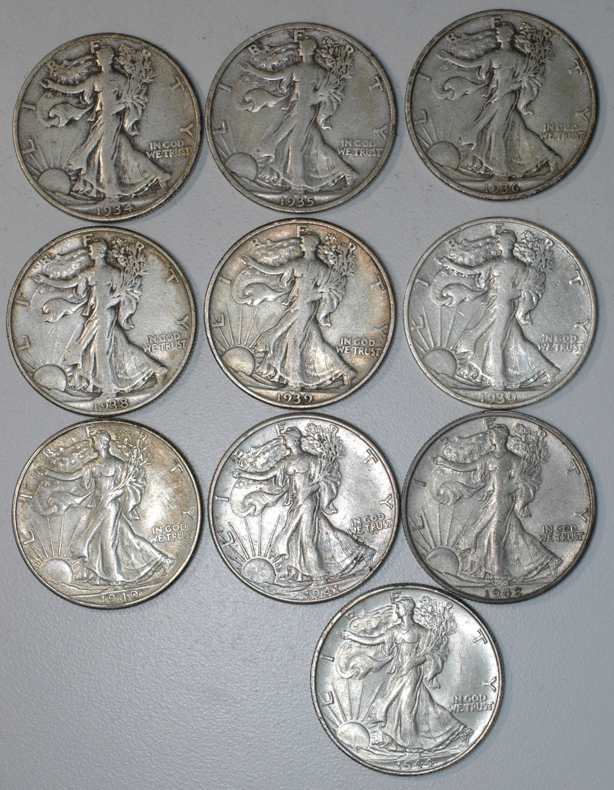 10 Different 90% Silver Walking Liberty Half Dollar Coins P D S Free Shipping
