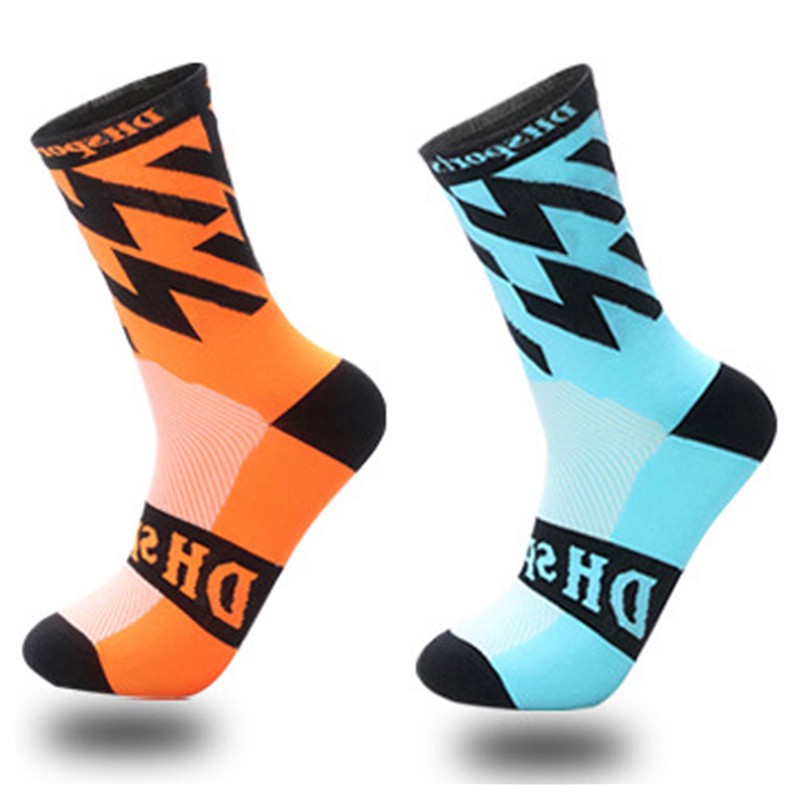 2 Pairs Cycling Socks Pro Road Bicycle Riding Bike Sport Ankle Socks Orange Blue