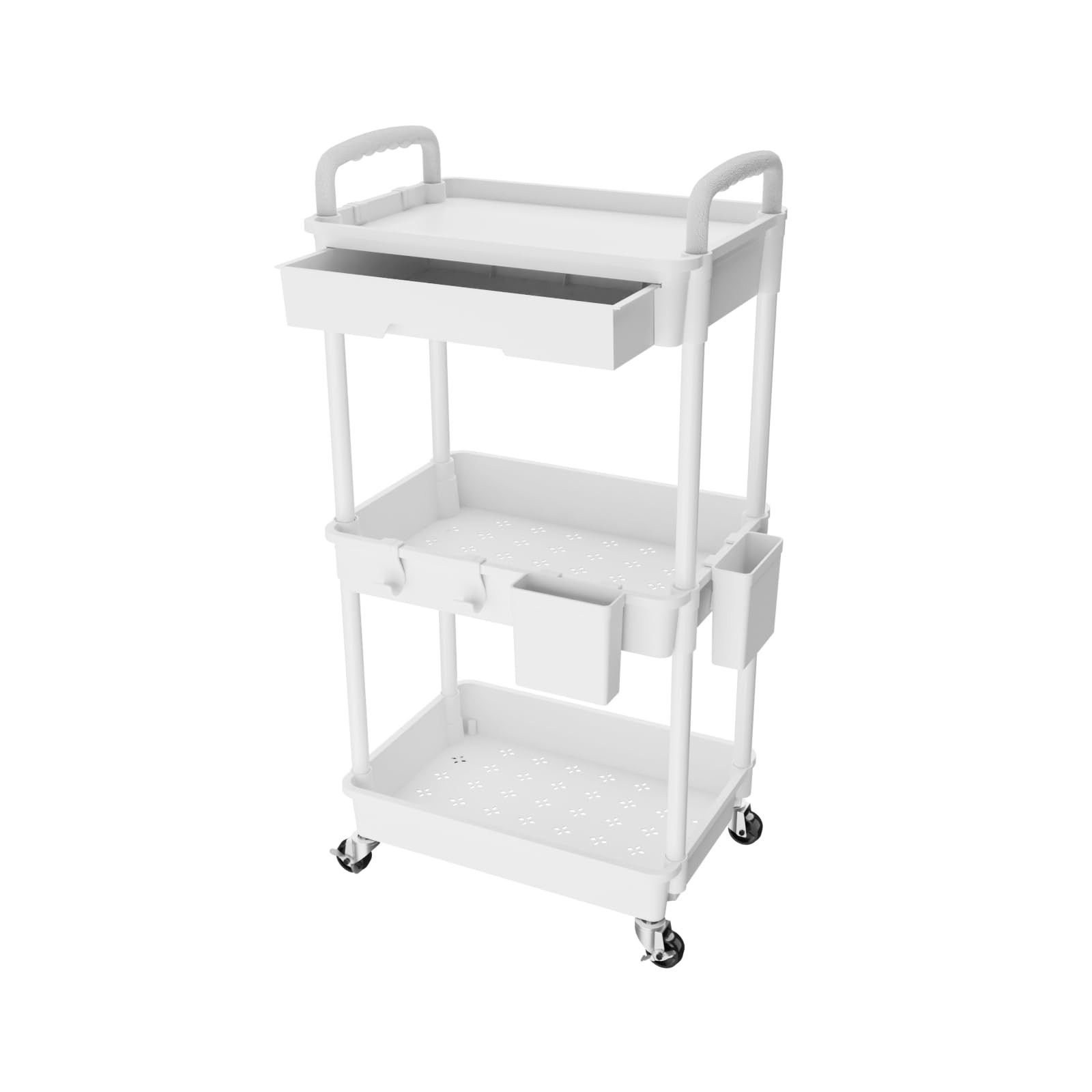 3 Tier Rolling Utility Storage Cart With Drawer Organizer Mesh Basket White