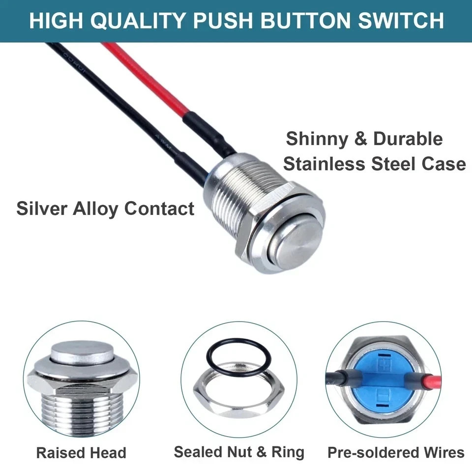 5-Pcs 12 mm Momentary Push Button Switch Waterproof Push Button Switch Round