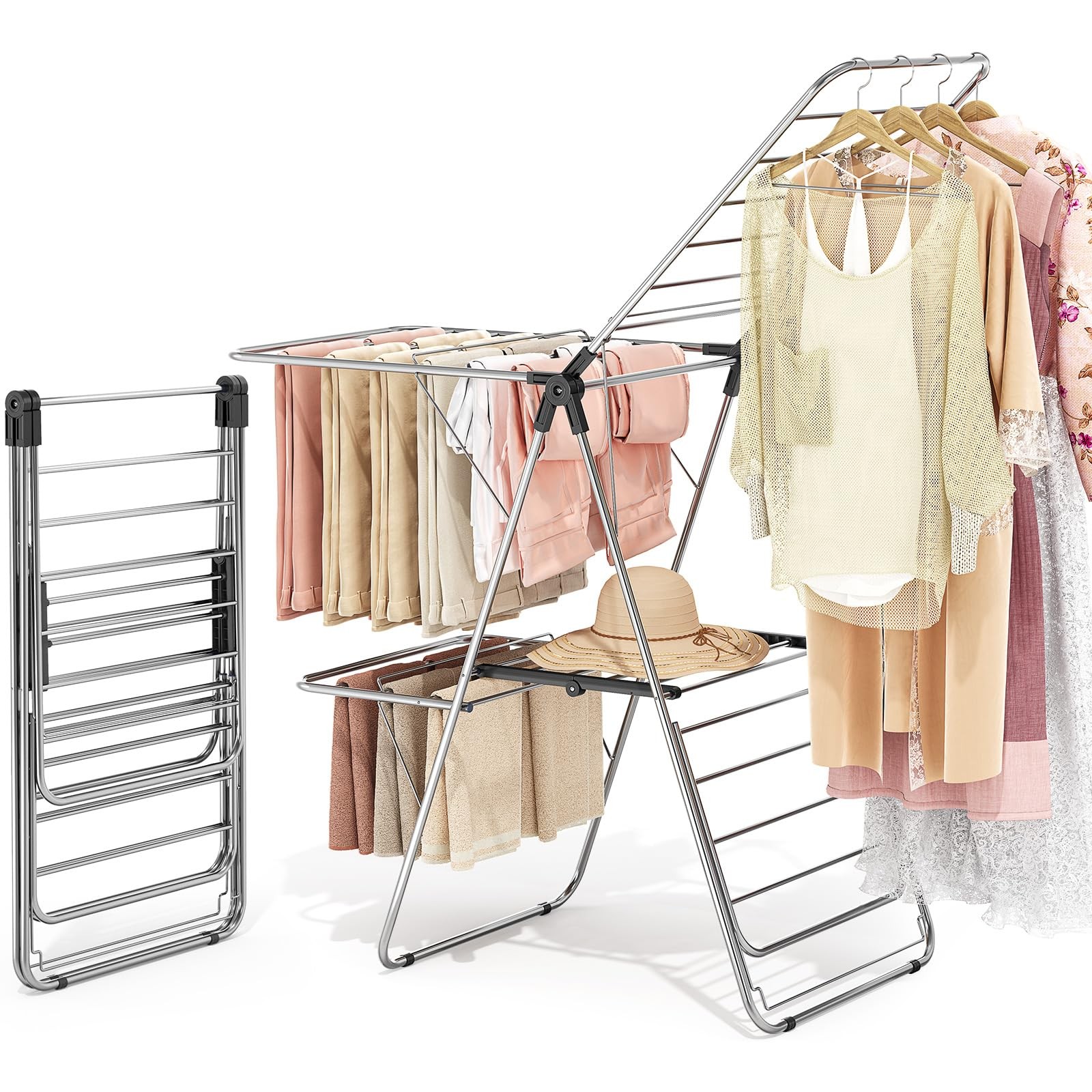 Clothes Drying Rack with 4 Wings, Stainless Steel Drying Rack Clothing with H...
