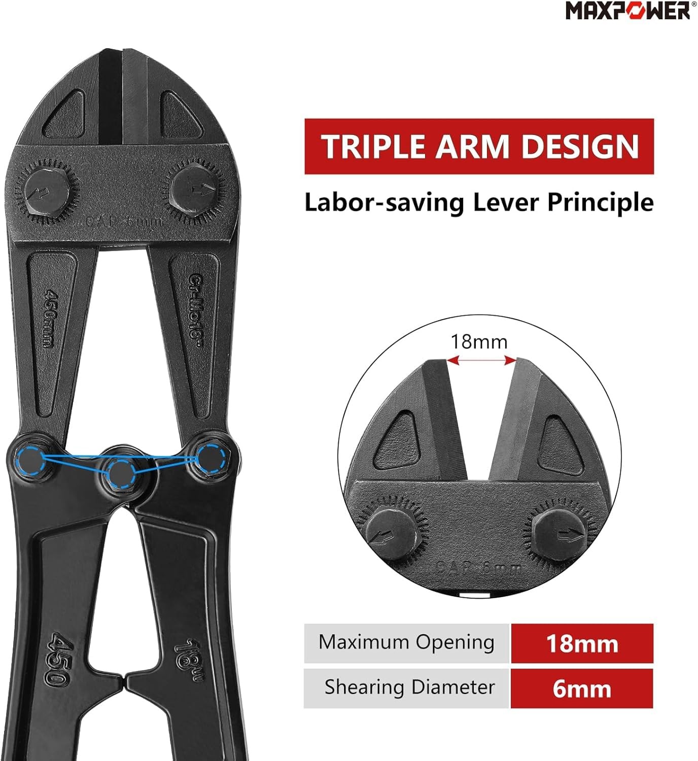 MAXPOWER 18-inch Folding Bolt Cutters, Foldable Cutter 18", Black & Red