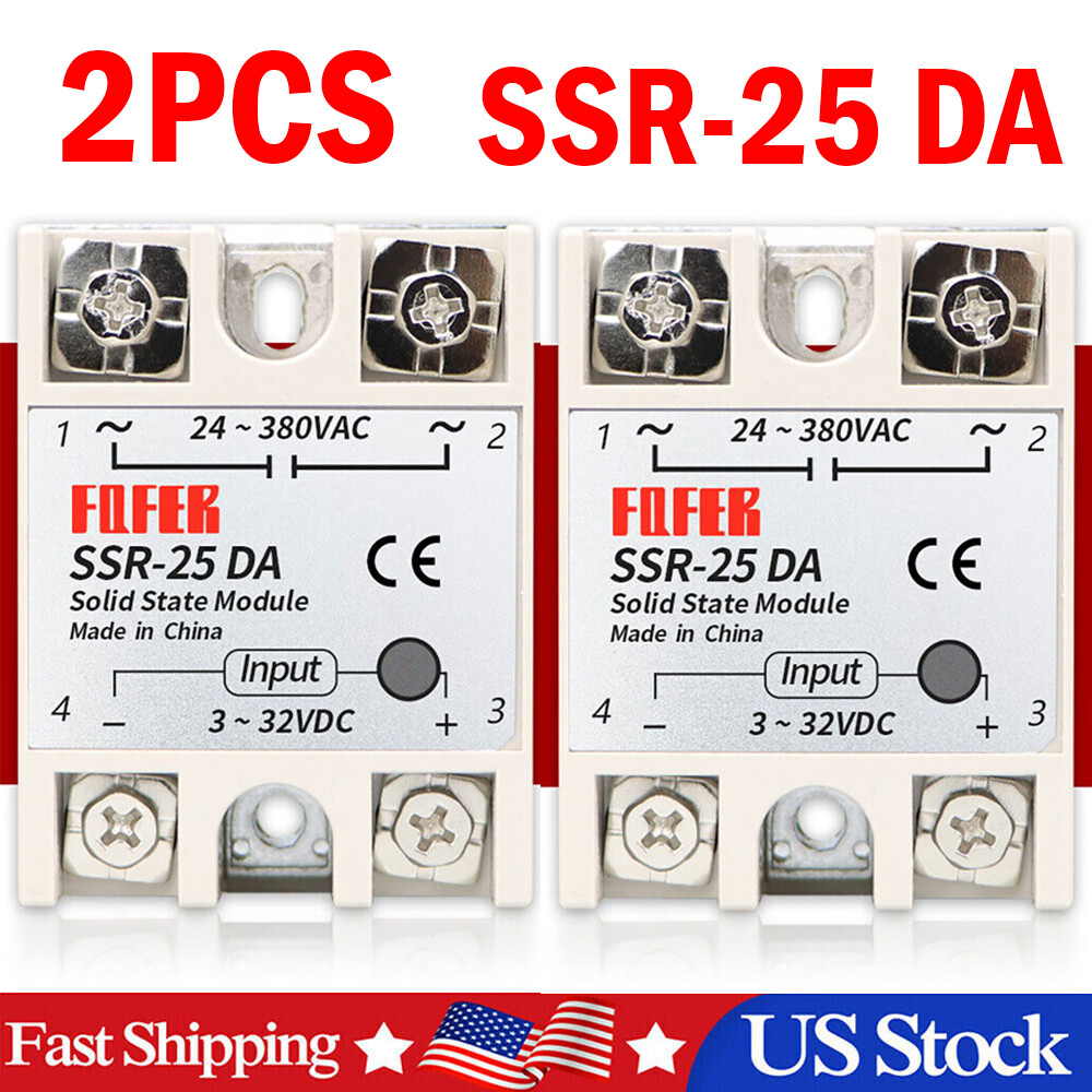2Pcs SSR-25DA Solid State Relay module 25A 3V-32V DC Input 24V-380VAC Output USA