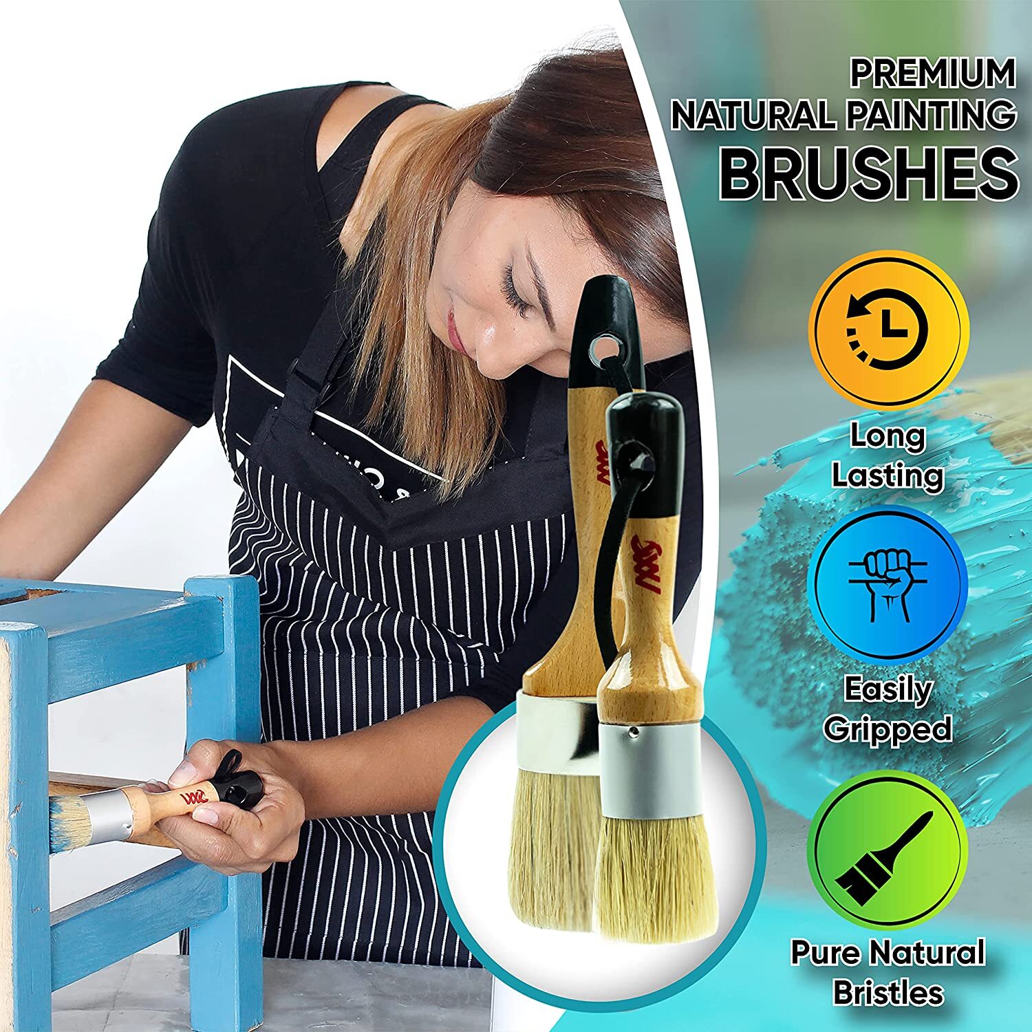 Chalk and Wax Paint Brush - 1 Small Round & 1 Large Oval Brush Natural Bristles