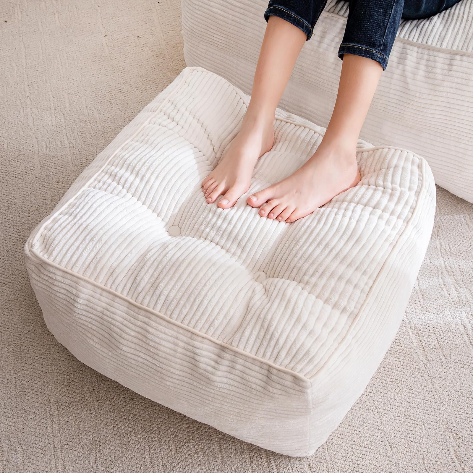Square Stuffed Pouf Ottoman Corduroy Foam Filling Fluffy Beige 21x21 Inch
