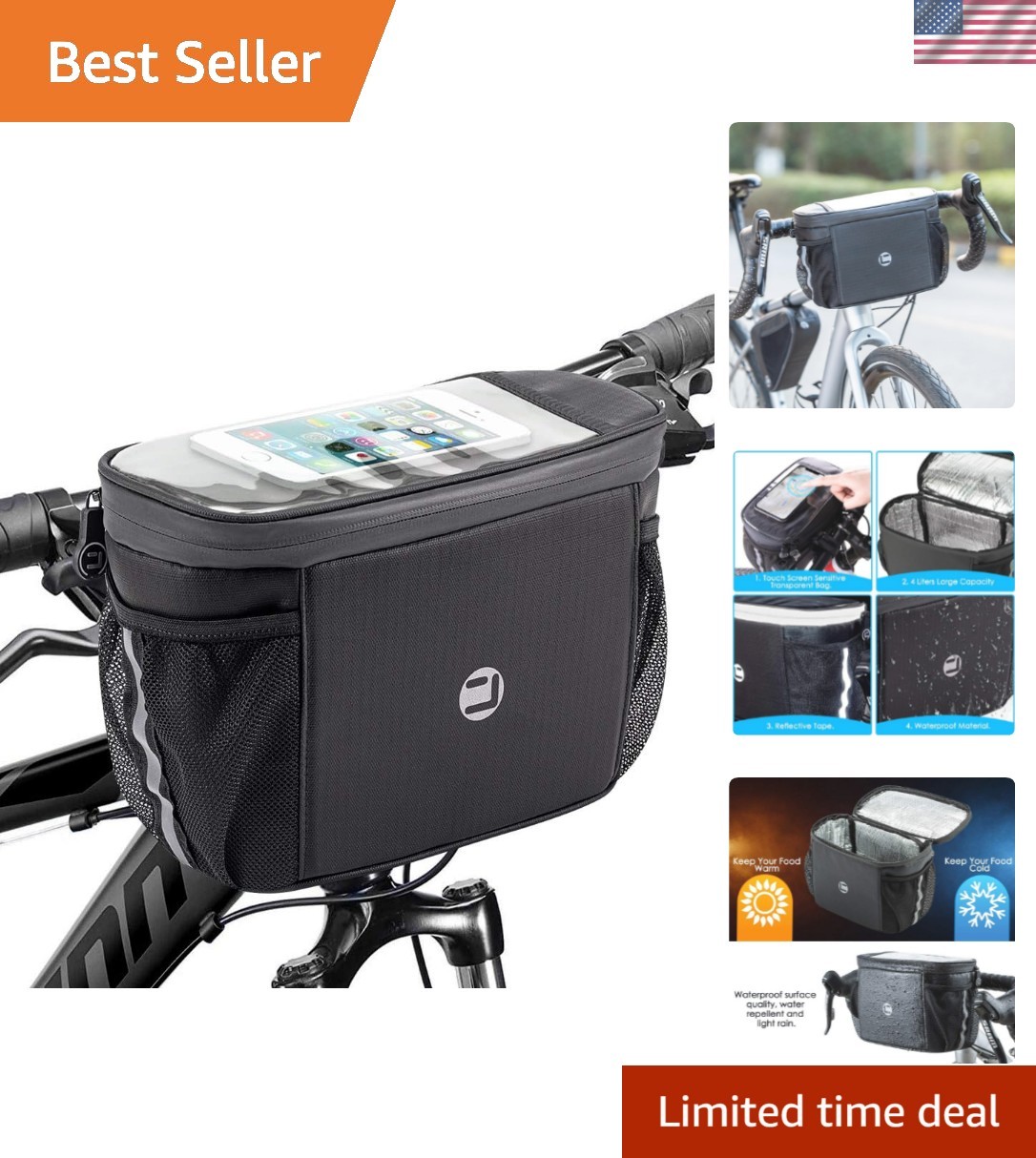 Bike Handlebar Insulated Bag, Bike Front Phone Bag Cooler Storage Pouch With ...