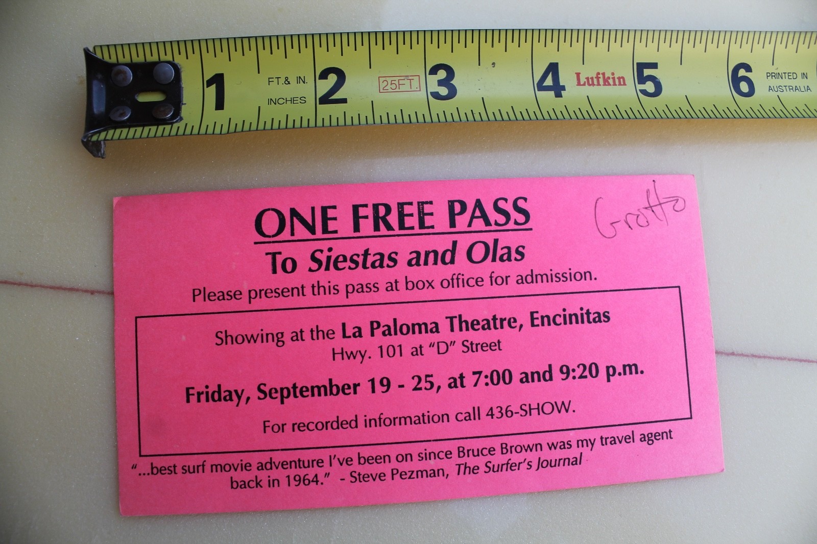 SIESTAS Y OLAS Surf Film Kelly Slater Surfer Magazine Vintage Movie Ticket
