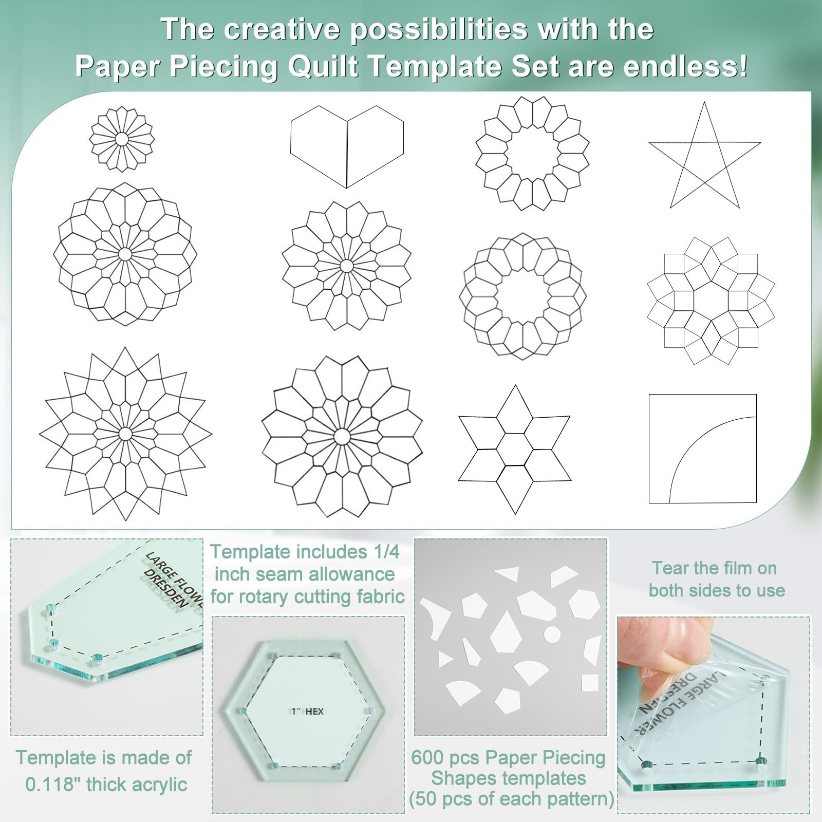 612 Pcs Patchwork Paper EPP English Piecing Supplies 12 Shapes Acrylic Templa...