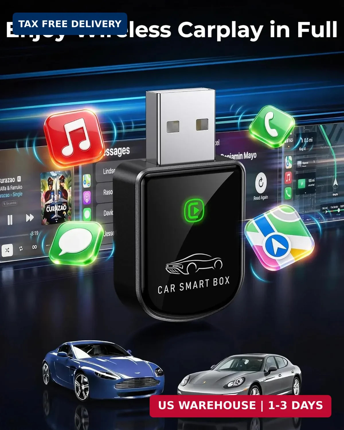 Wireless Carplay Adapter for iPhone Latest Upgrade, Tiny Bluetooth Receiver Conv