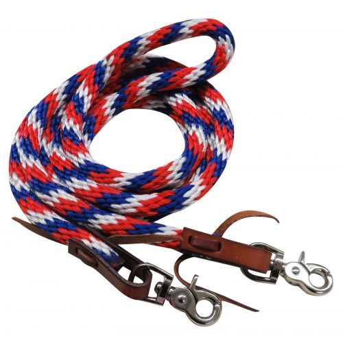 Western Saddle Horse Heavy Nylon Rope Barrel Racing Contest Reins Red White Blue