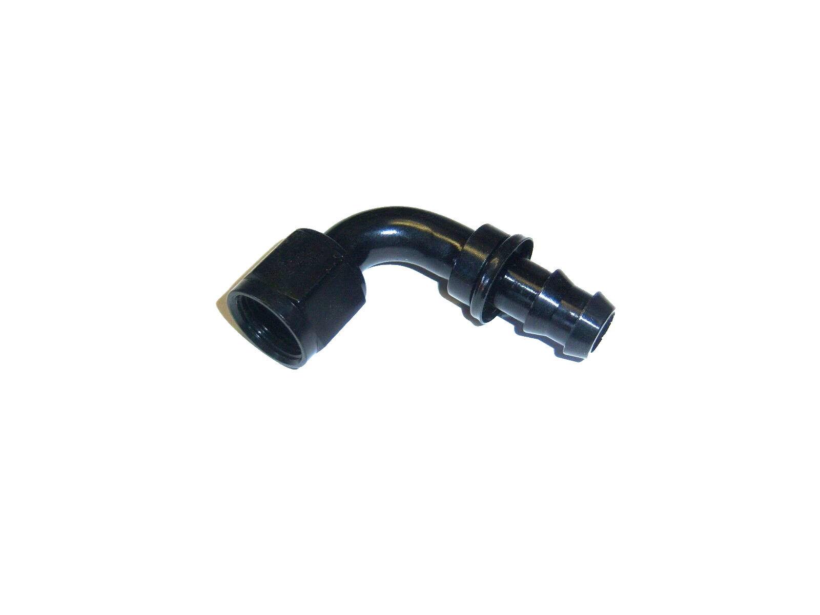 10AN FEMALE SWIVEL TO 5/8 HOSE BARB FUEL ADAPTER 90 DEGREE BLACK