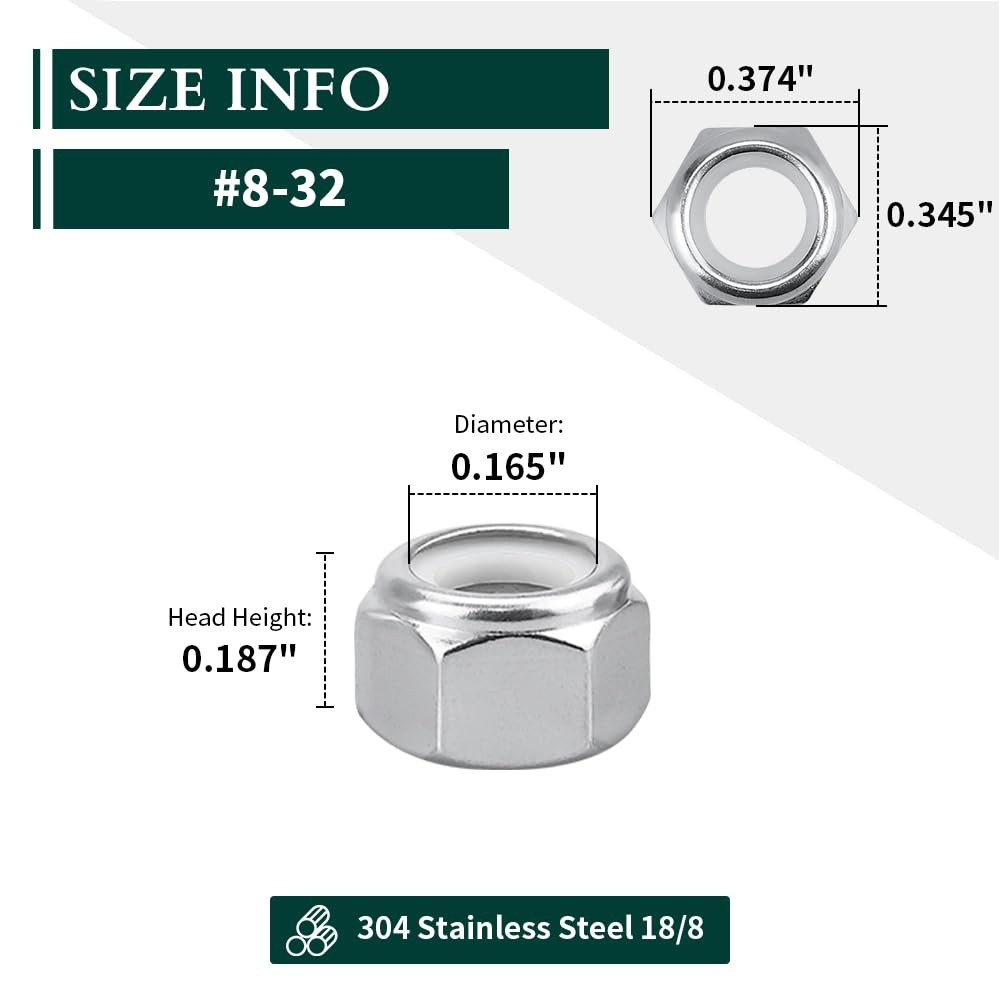 #8-32 Nylon Lock Nuts, 304 Stainless Steel (18-8) Hex Insert #8-32, Silver